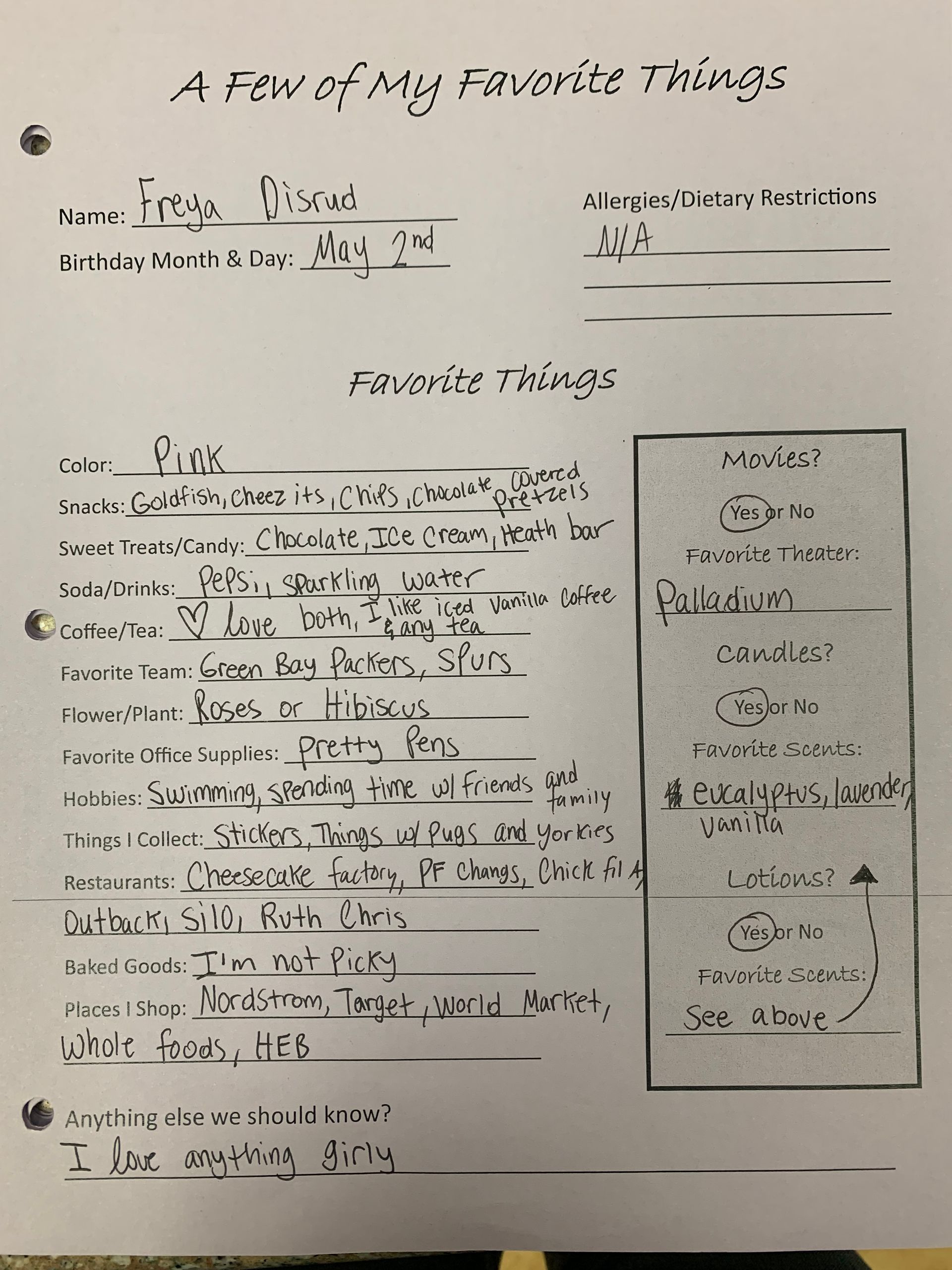Handwritten worksheet titled “A Few of My Favorite Things” with notes, a list, and a small boxed section on the right.