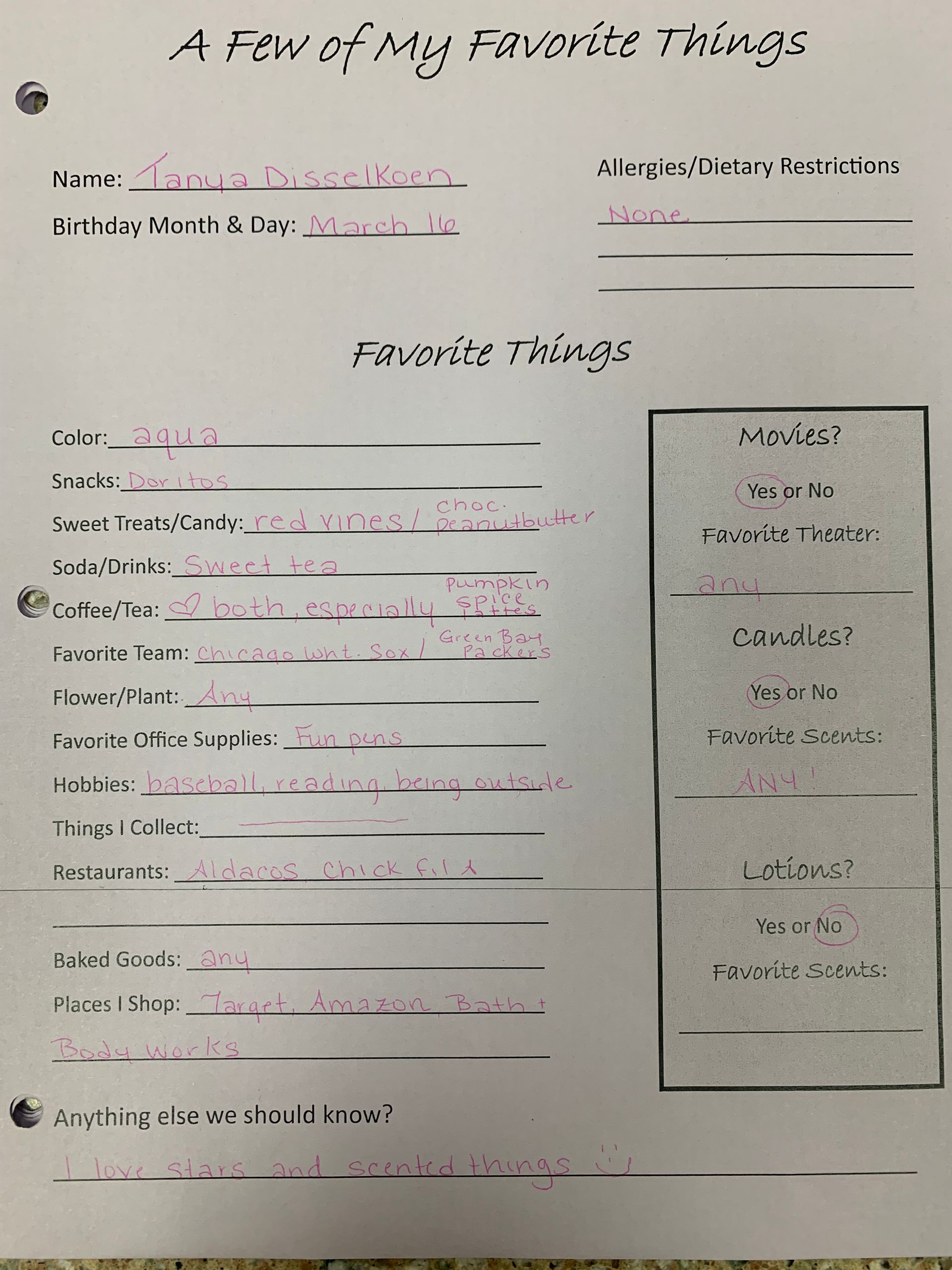 Handwritten worksheet titled “A few of my favorite things” with fill-in lines and a small boxed section on the right