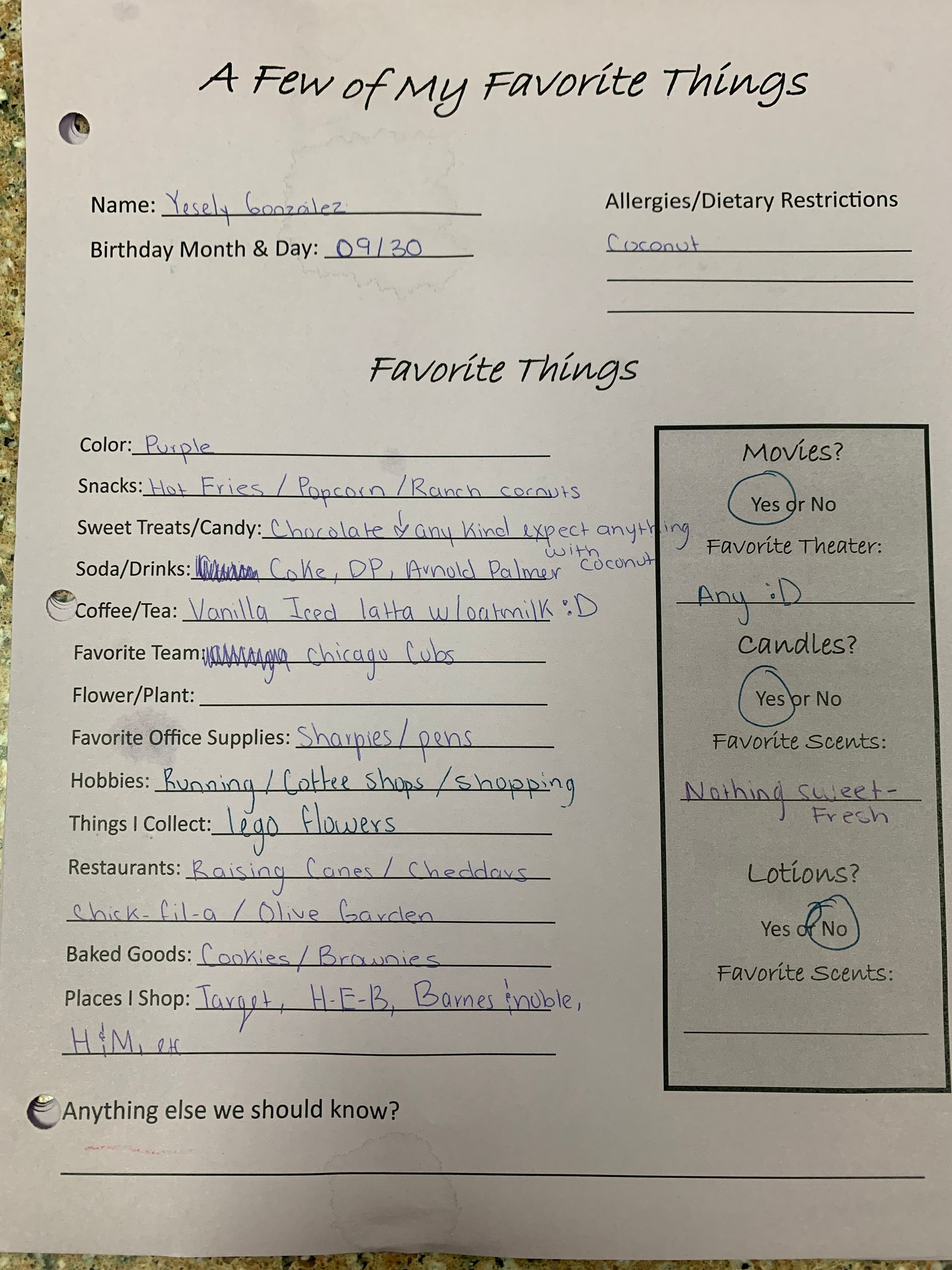 Handwritten worksheet titled “A few of my favorite things” with fill-in-the-blank lines and a side list box.