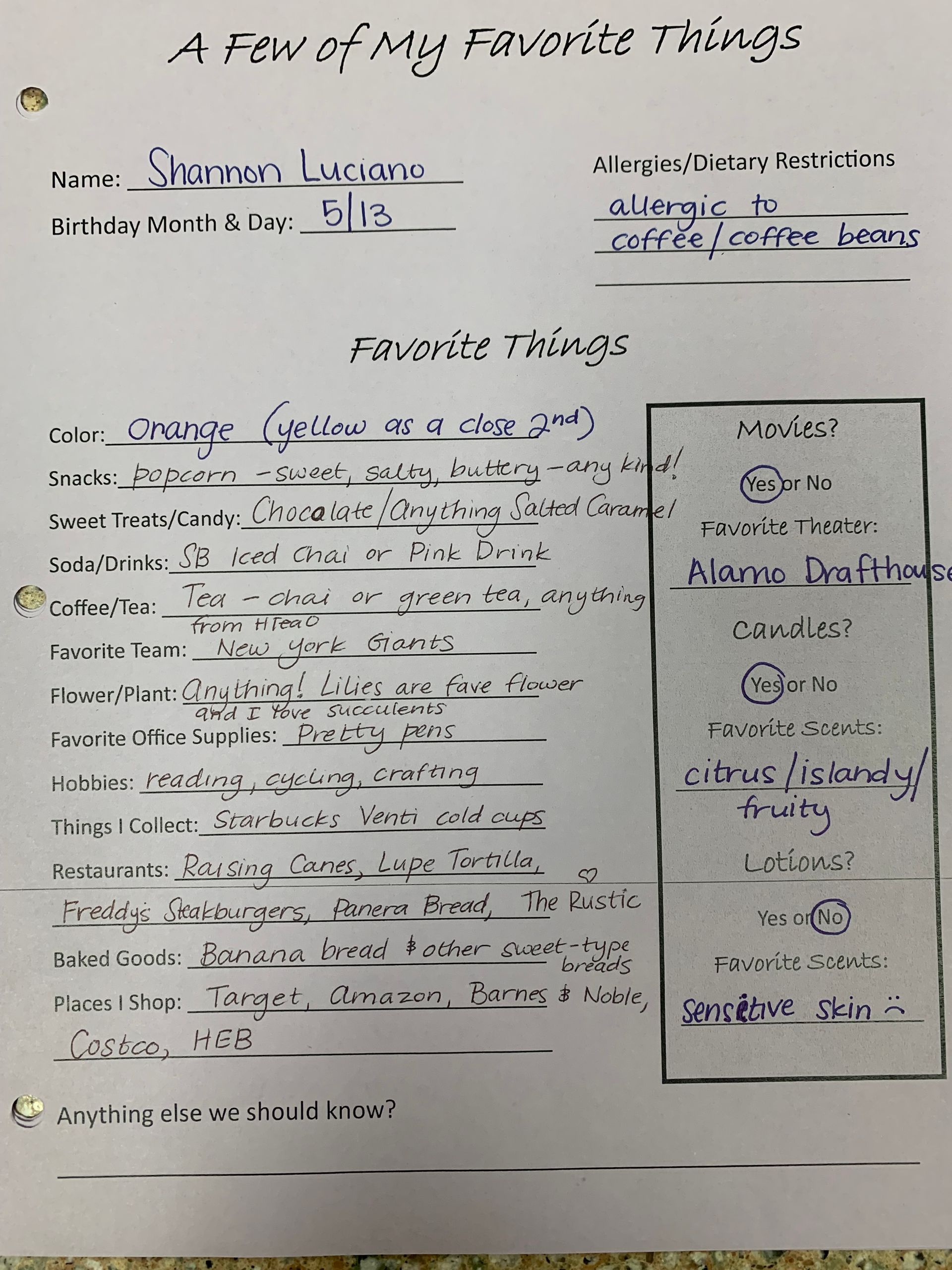 Handwritten school page titled “A Few of My Favorite Things” with a boxed poster on the right