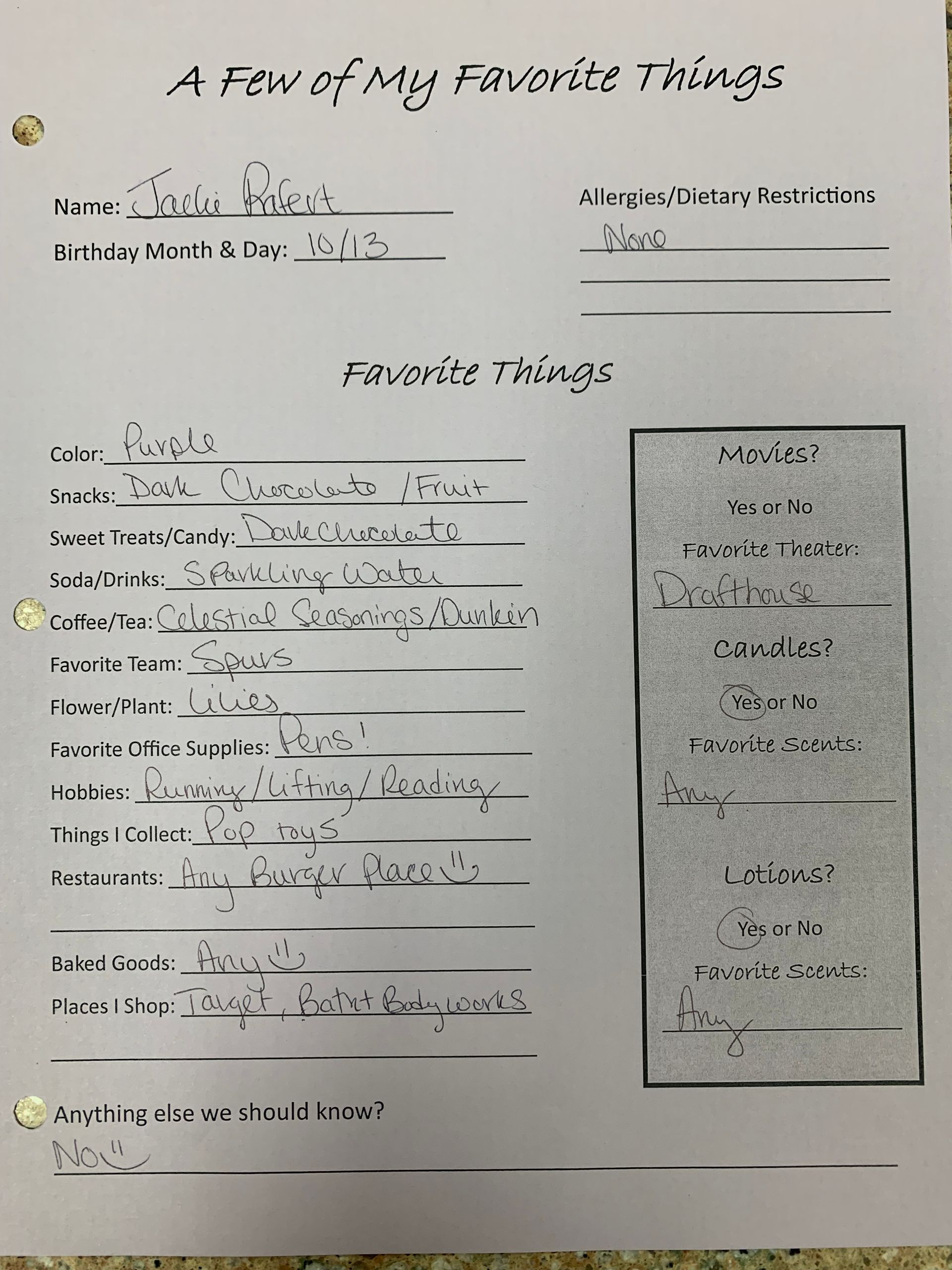 Handwritten “A Few of My Favorite Things” worksheet with notes and a sidebar drawing.