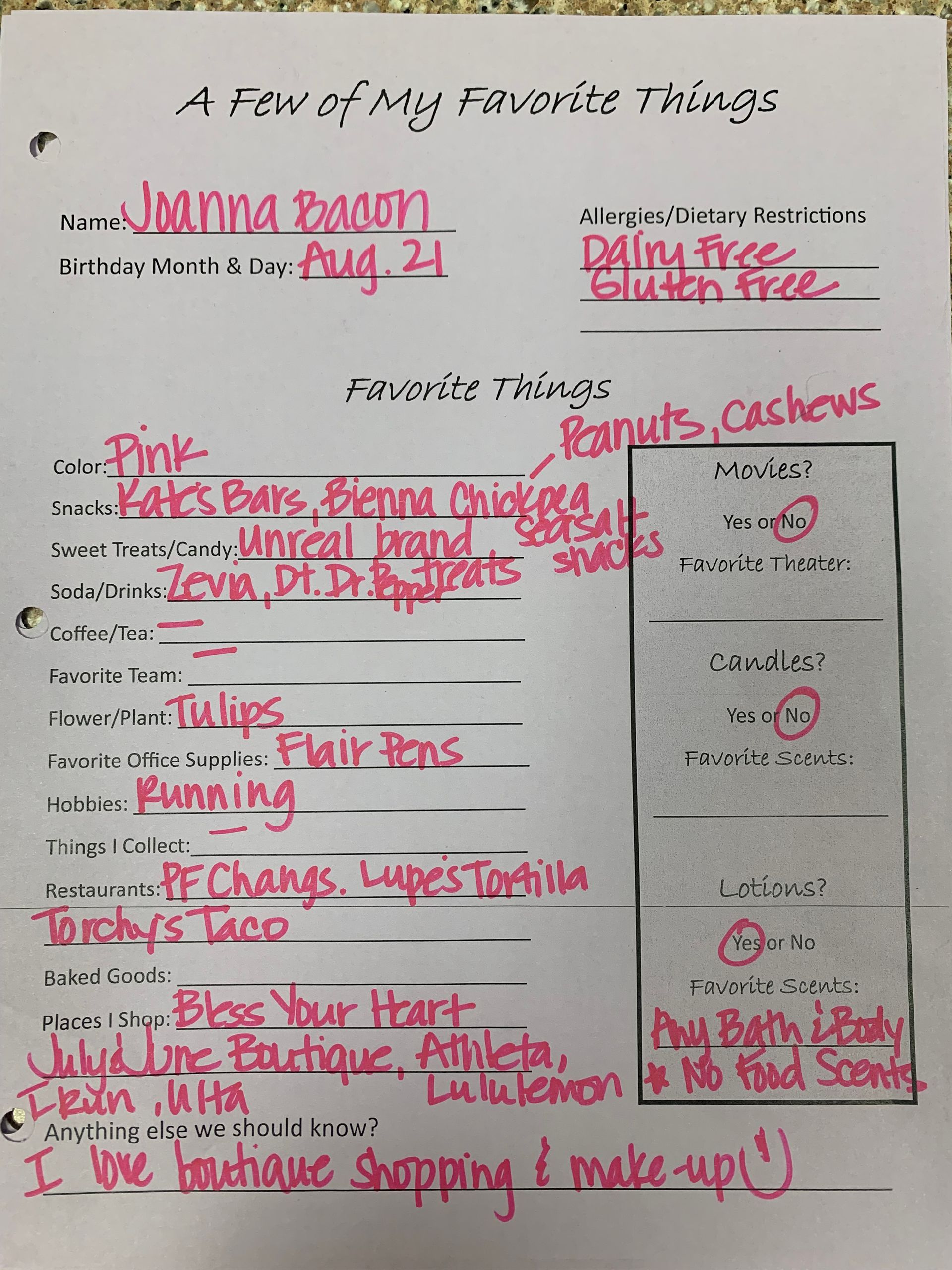 Handwritten page titled “A Few of My Favorite Things” with pink and red notes in columns.