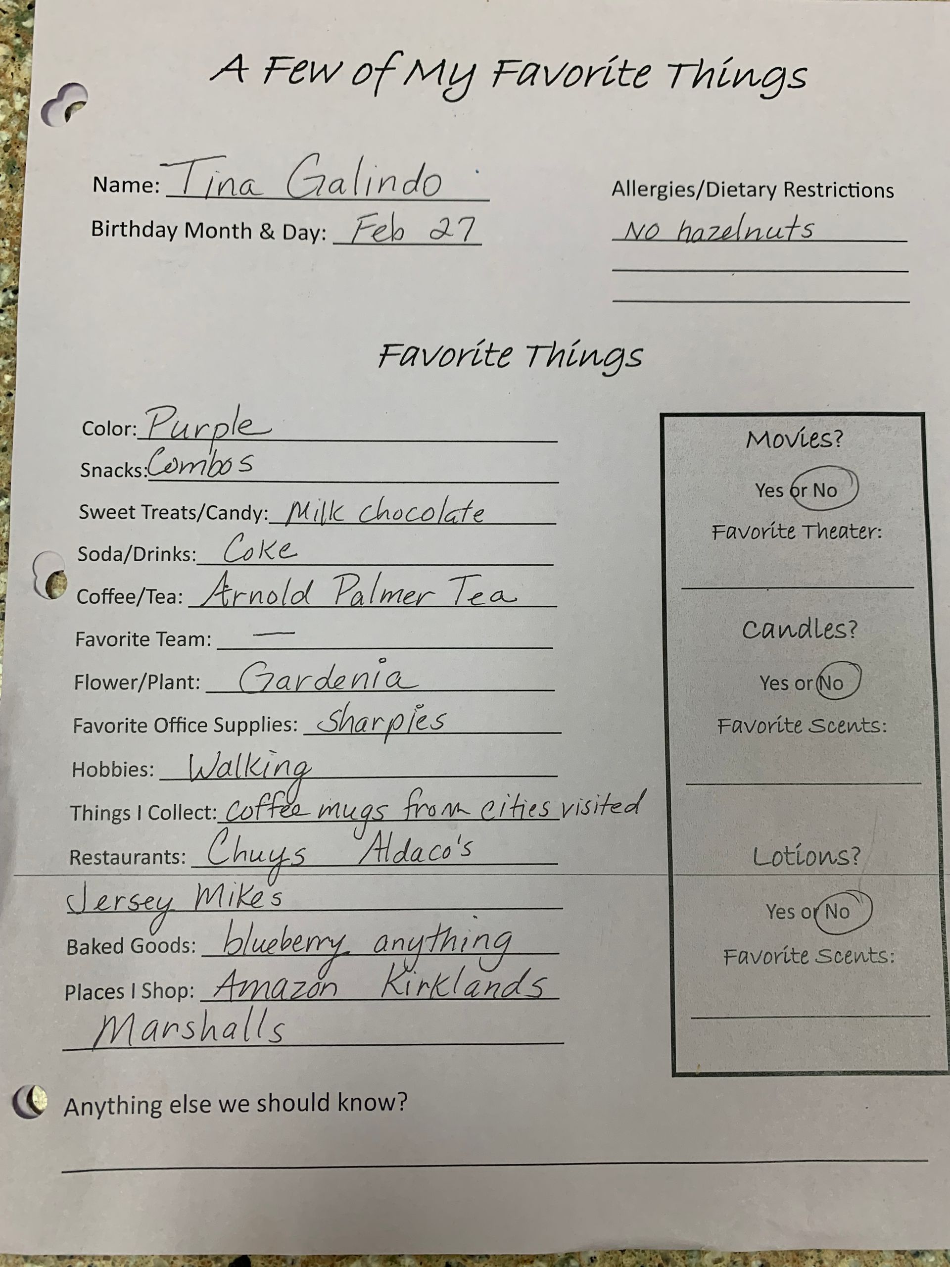 Handwritten worksheet titled “A Few of My Favorite Things” with fill-in lines and a box on the right.