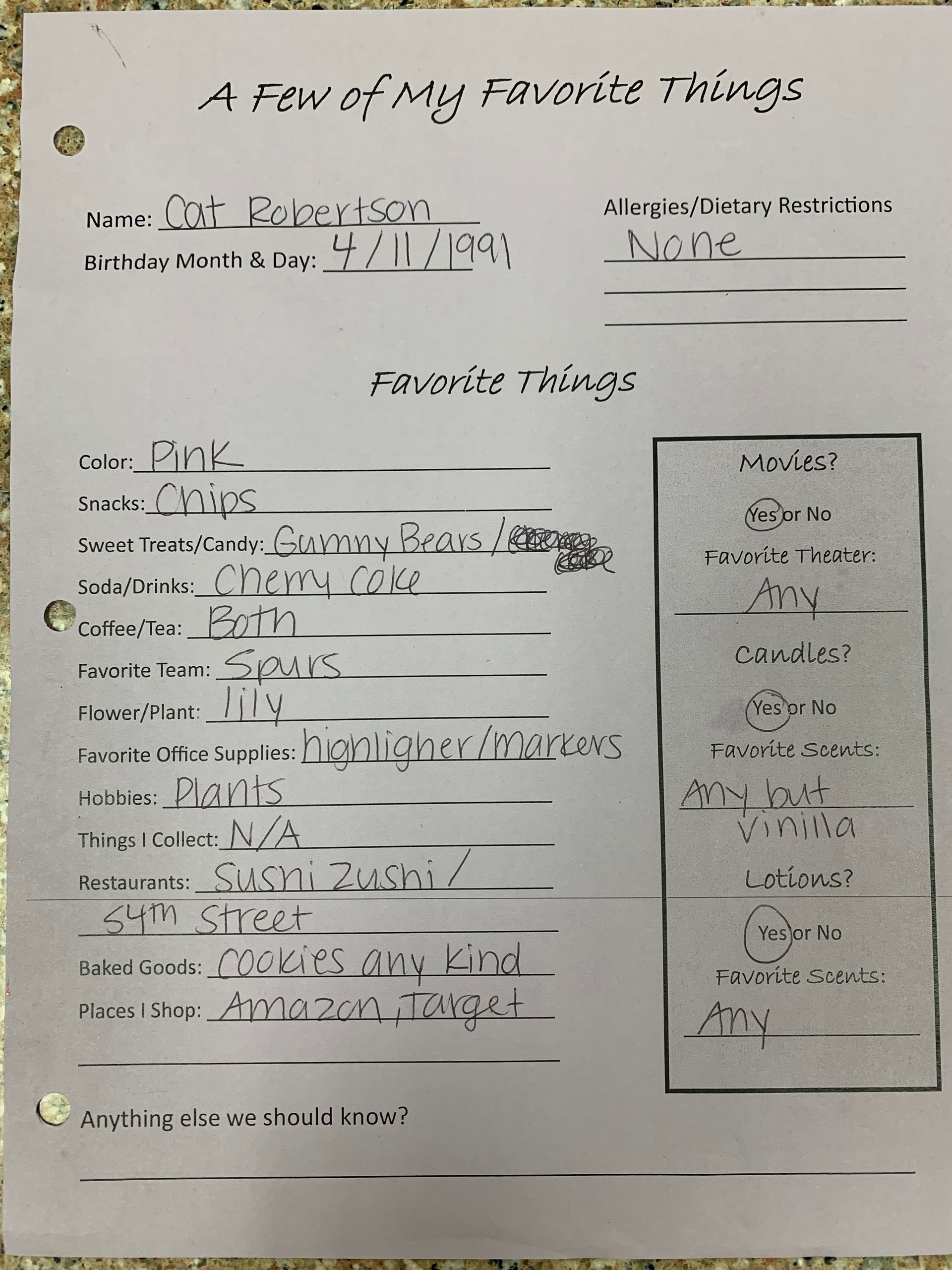 Handwritten classroom worksheet titled “A few of my favorite things” with lists and a small boxed section on the right