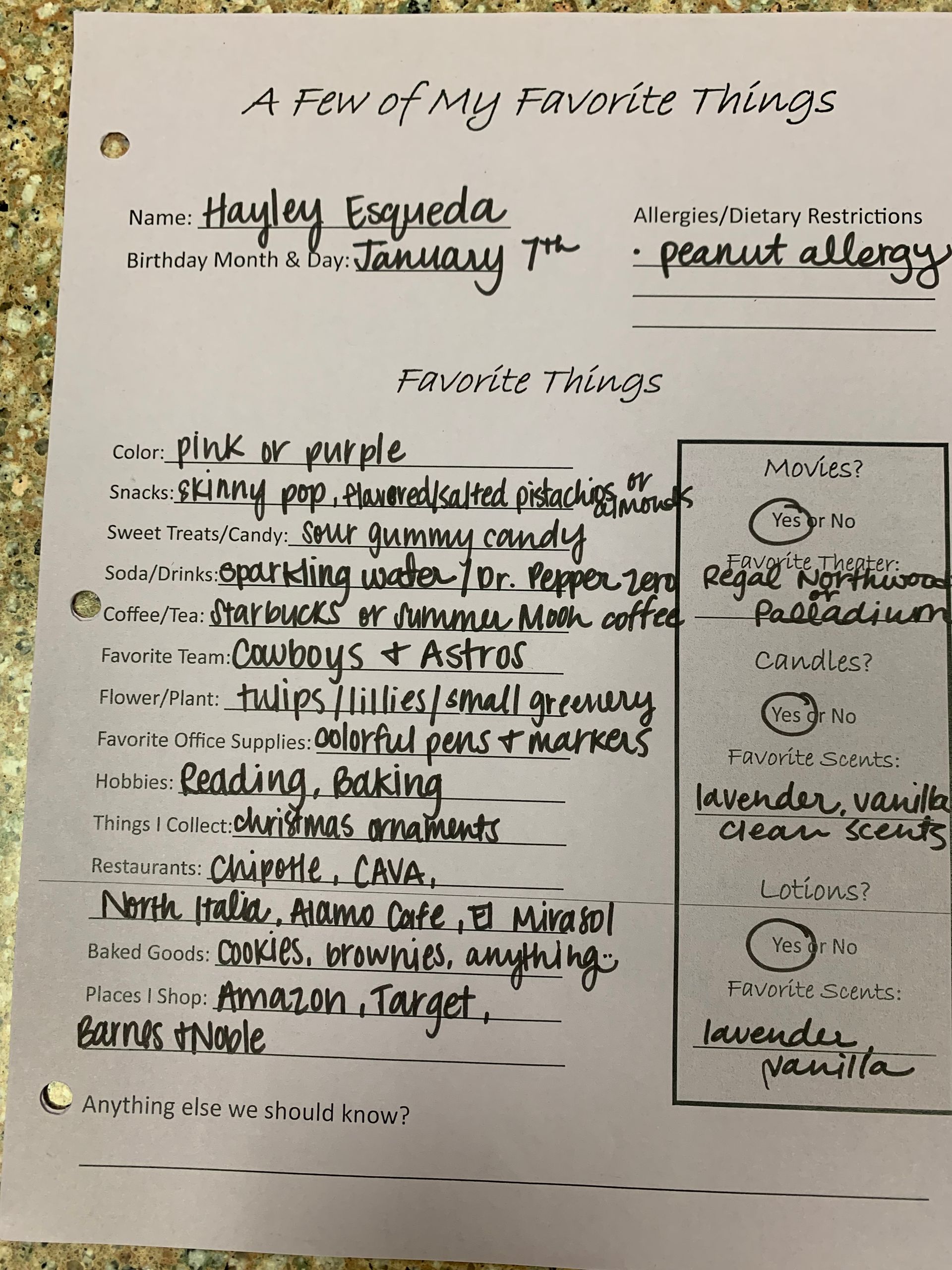 Handwritten note titled “A few of my favorite things” with bullet lists and small doodles on lined paper