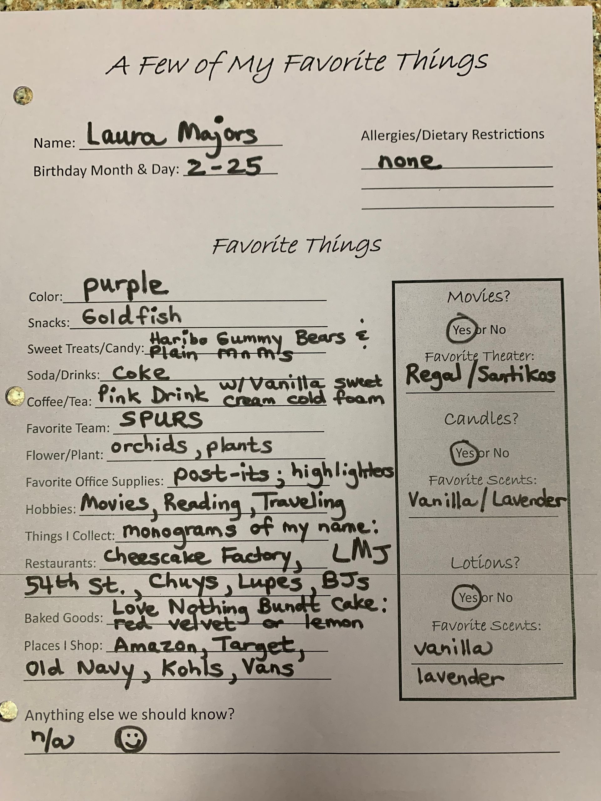 Handwritten “A List of My Favorite Things” worksheet with purple and black ink, filled out in sections.