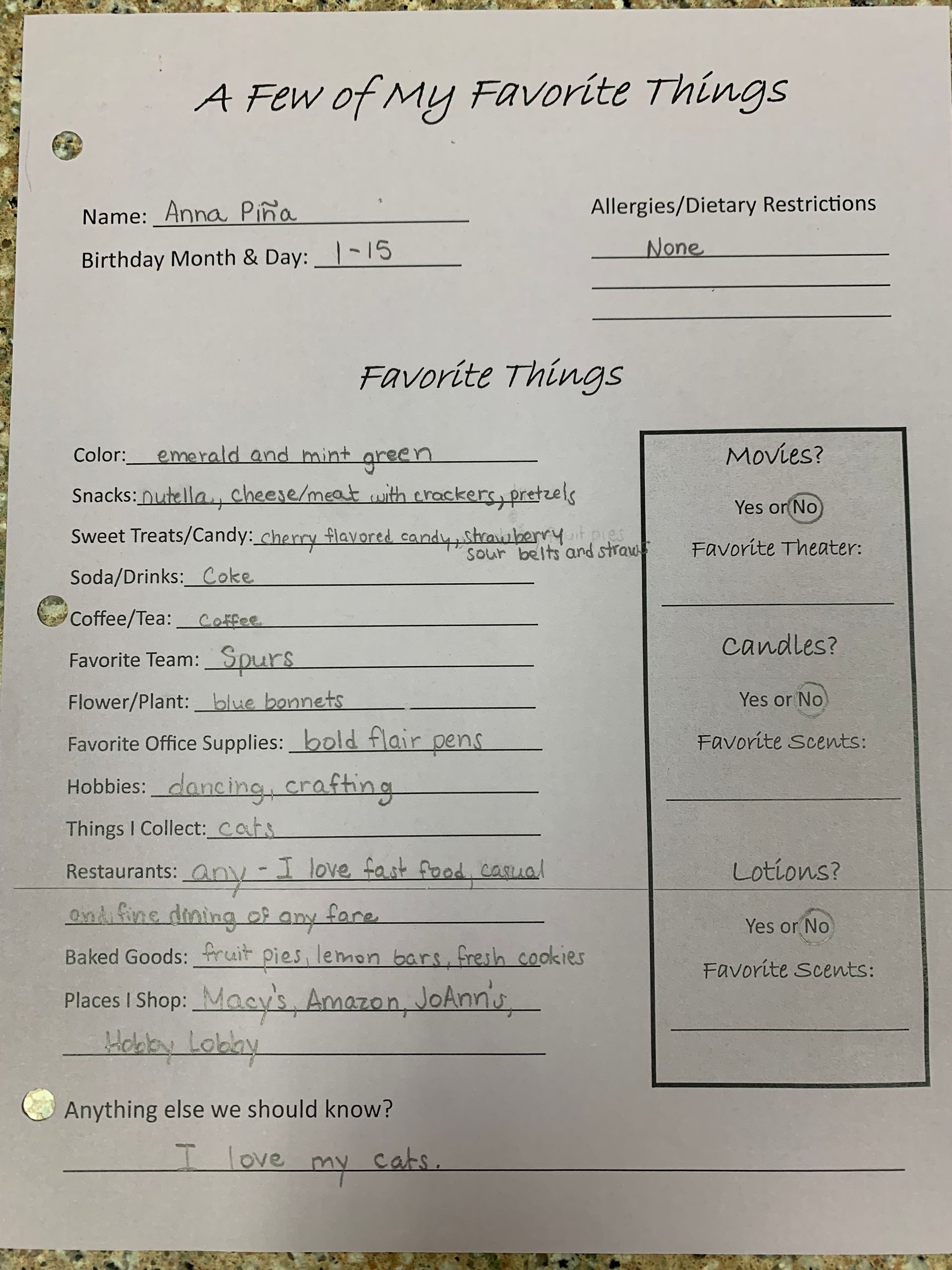 Handwritten worksheet titled “A Few of My Favorite Things” with a notes list and a three-section ranking box.