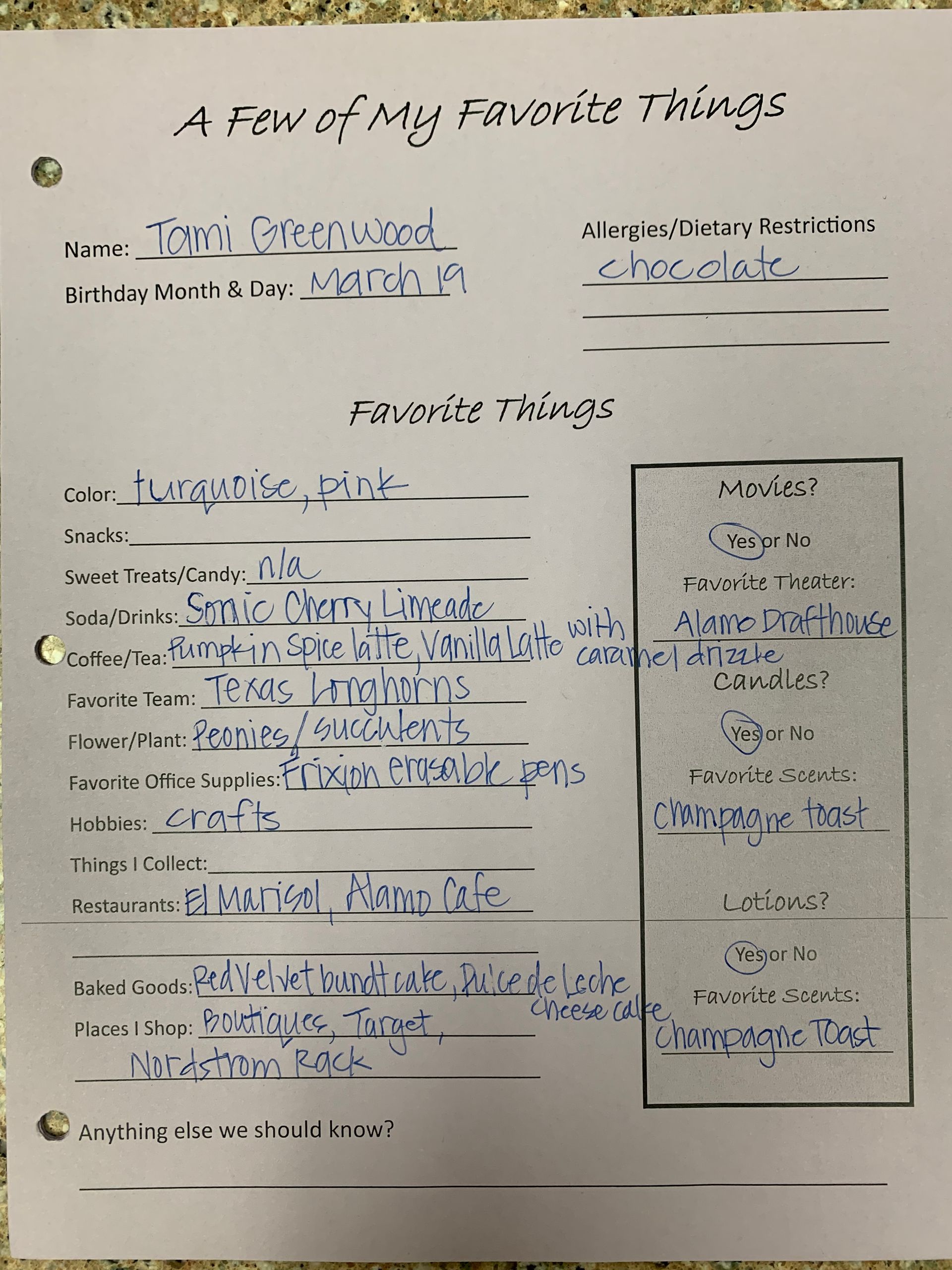 Handwritten worksheet titled “A Few of My Favorite Things,” filled with blue ink notes and a checklist box.