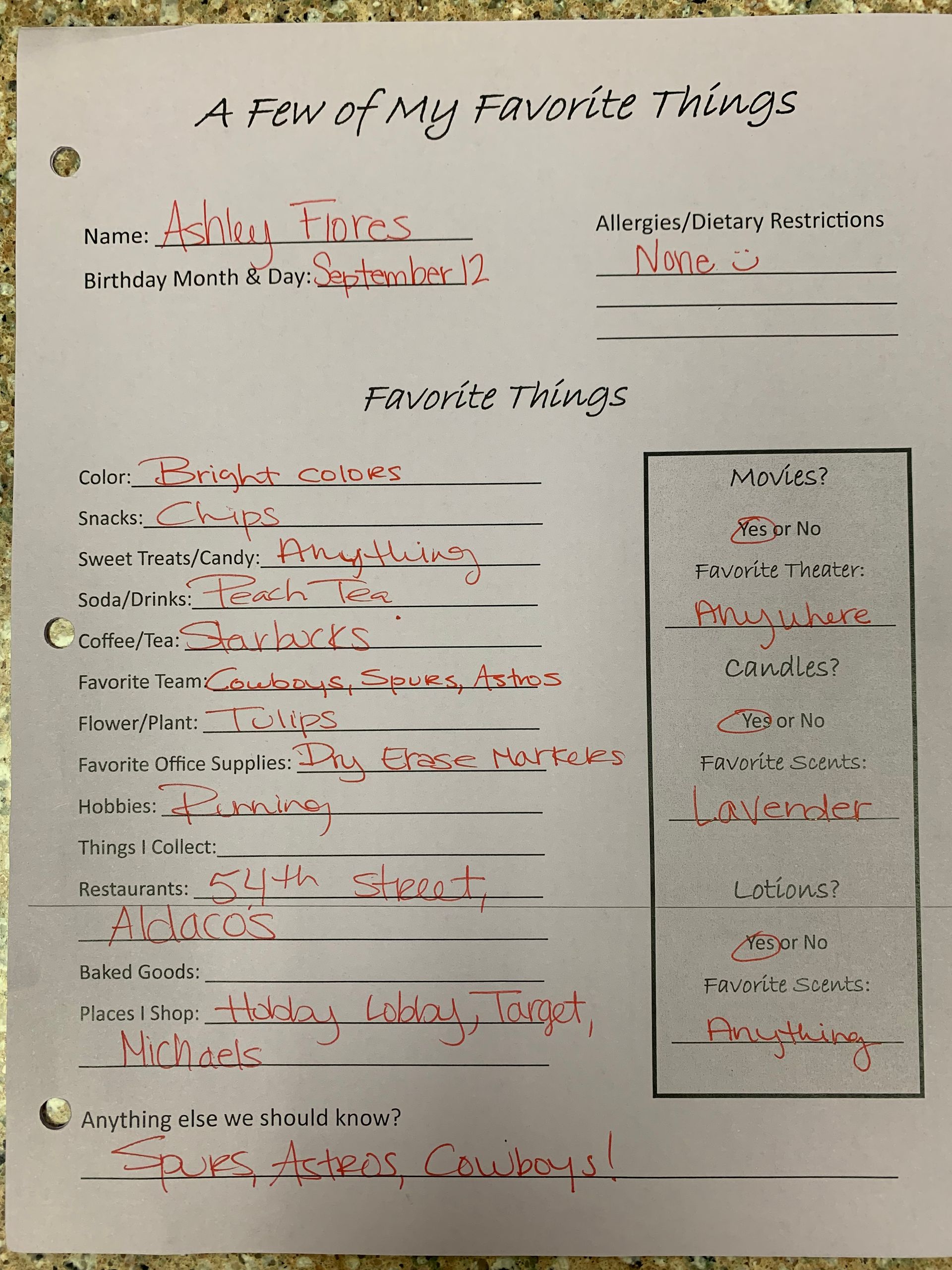 Handwritten worksheet titled “A Few of My Favorite Things” with blank lines and red pen notes.