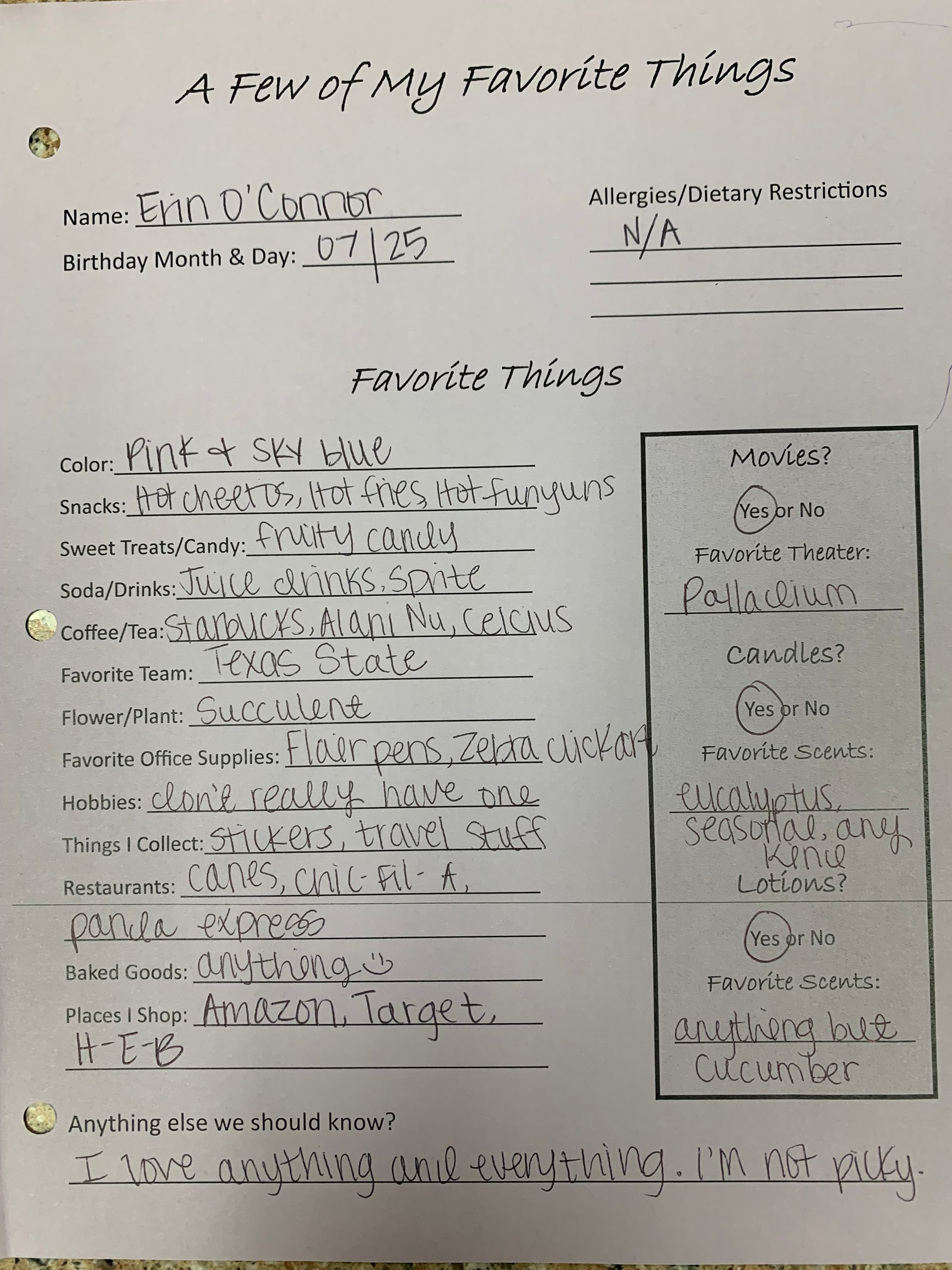 Handwritten worksheet titled “A Day of My Favorite Things” with notes and a small outlined box on the right.