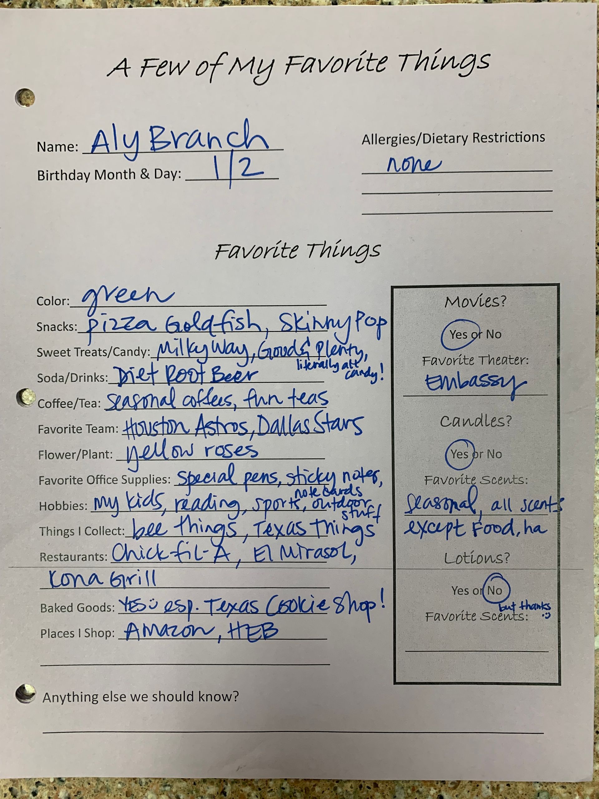 Handwritten worksheet titled “A Few of My Favorite Things” with blue and black notes and a small framed drawing on the right.