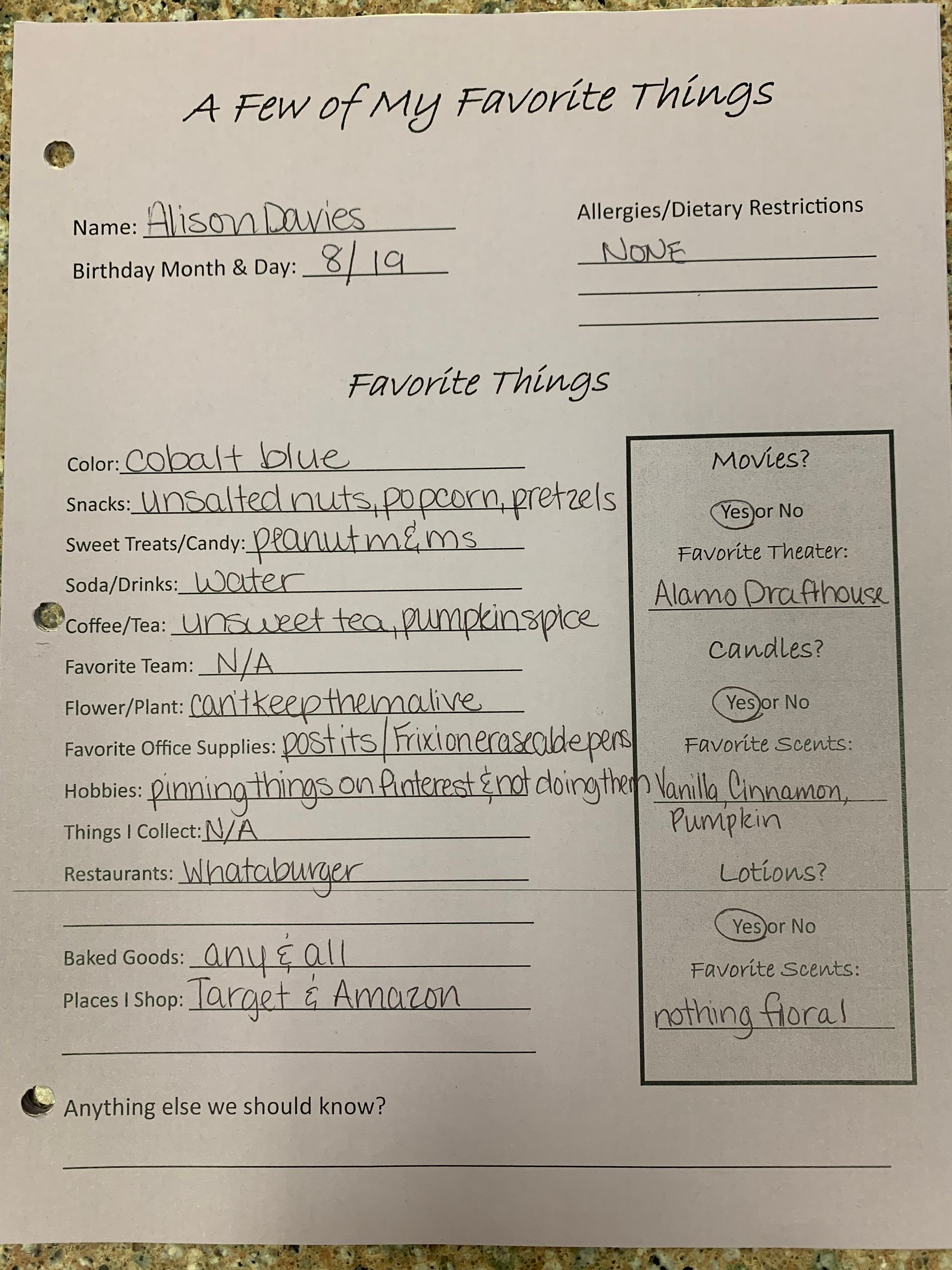 Handwritten school worksheet titled “A Few of My Favorite Things” with fill-in blanks and a small box of prompts.