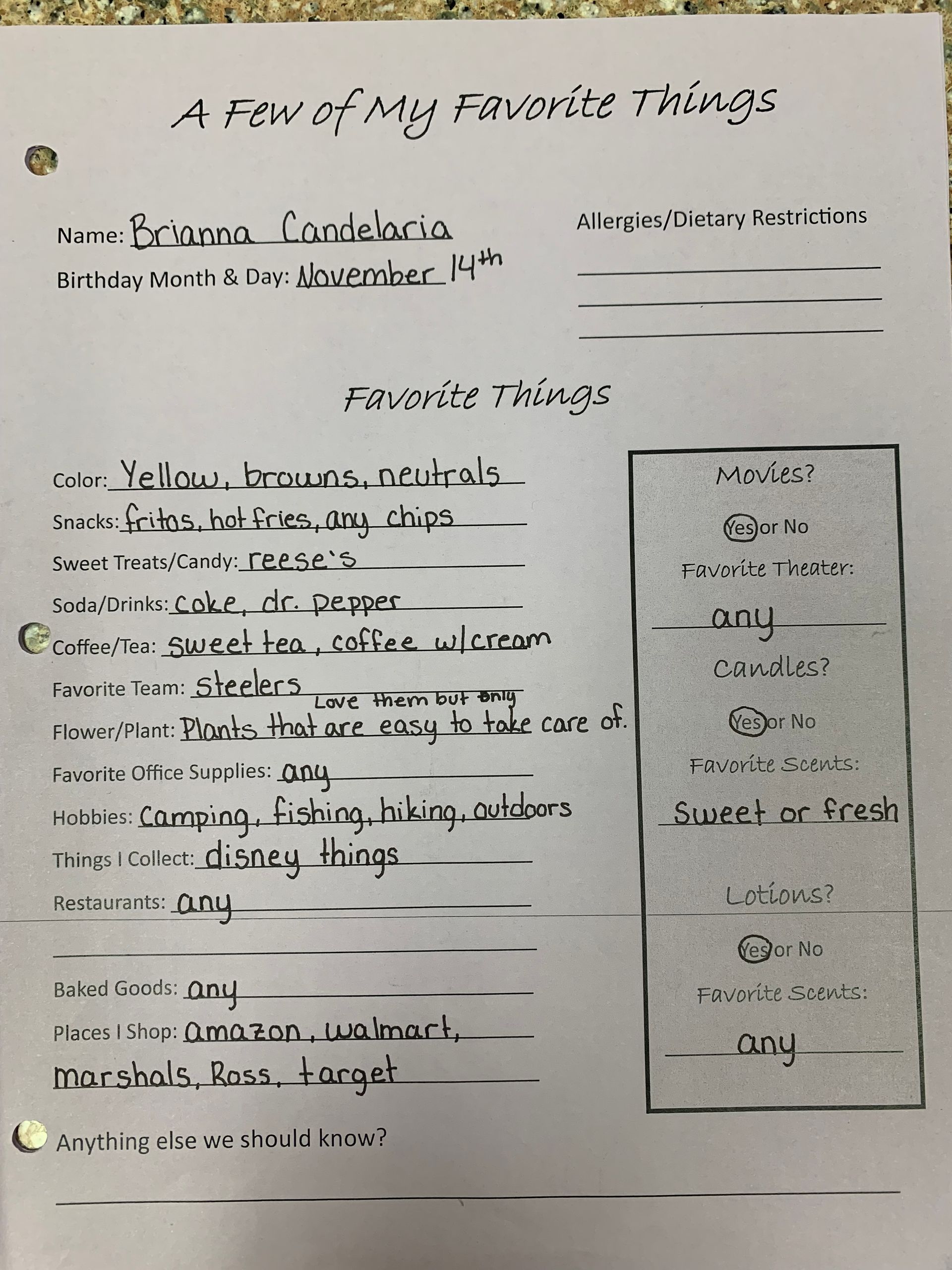Handwritten poster titled “A few of my favorite things” with notes and a boxed list on white paper