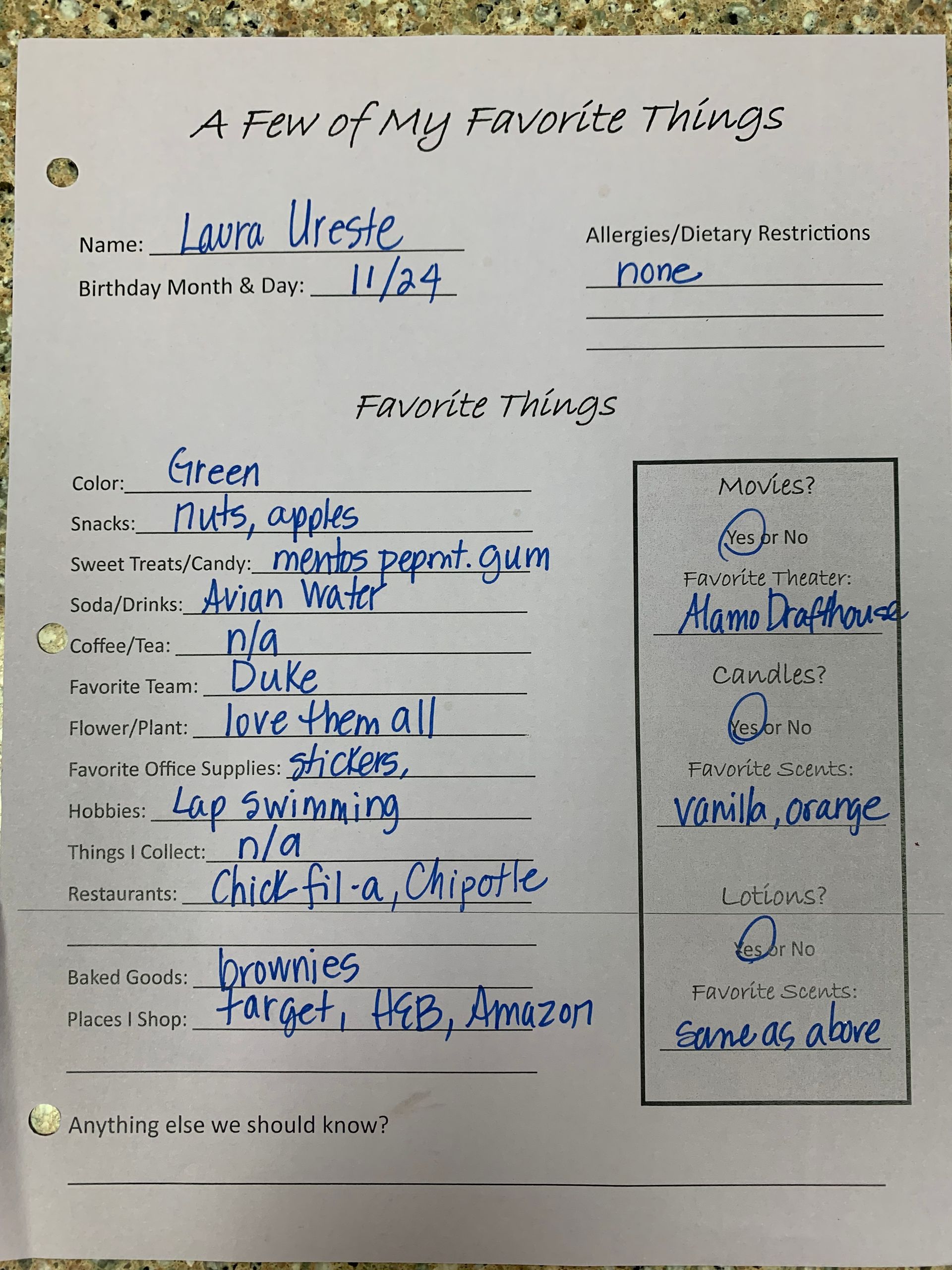 Handwritten “A Few of My Favorite Things” worksheet with blue ink notes and small doodles.