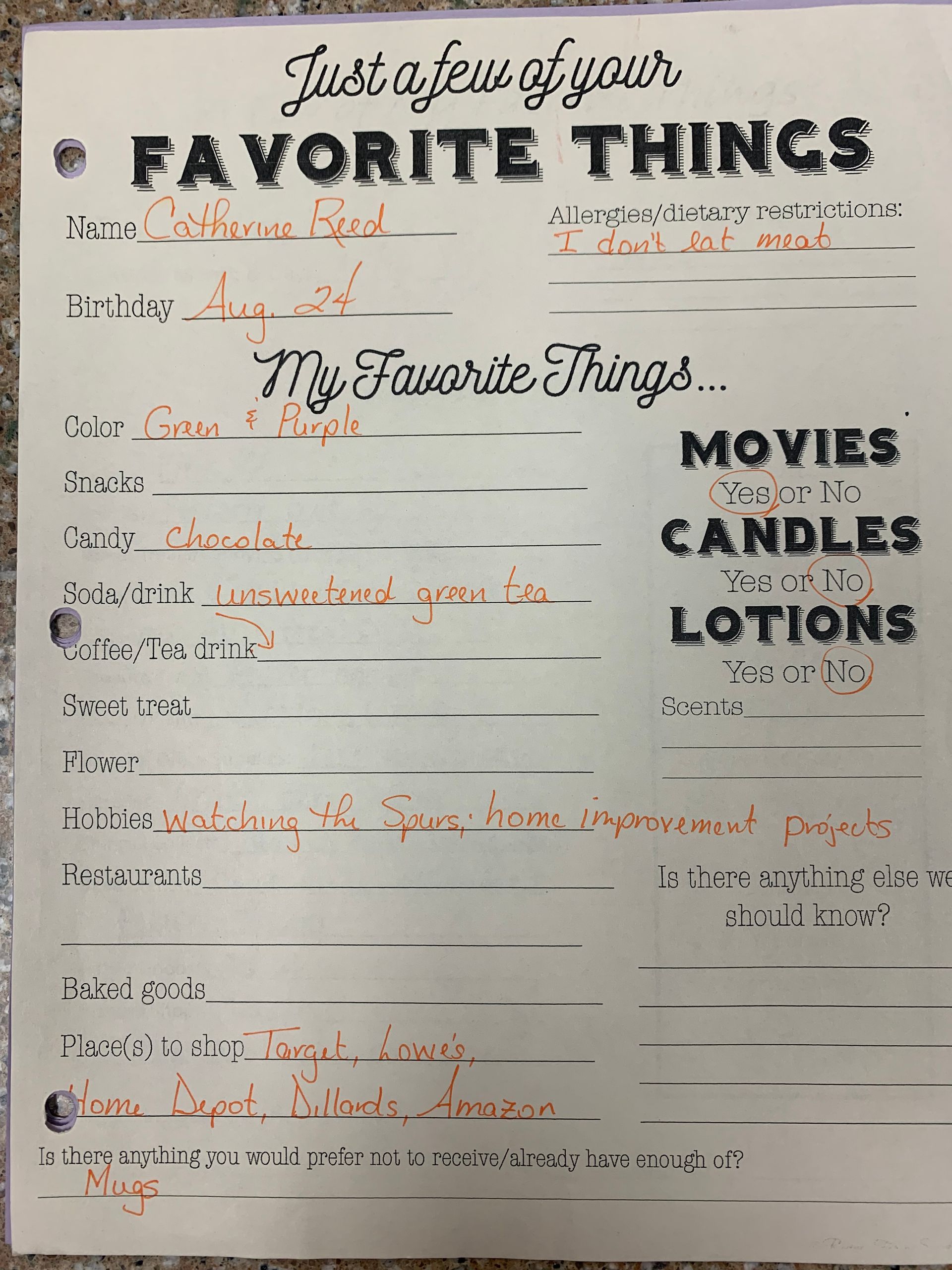 Handwritten “Favorite Things” poster on white paper with lists and bold headings for movies, candles, and lotions