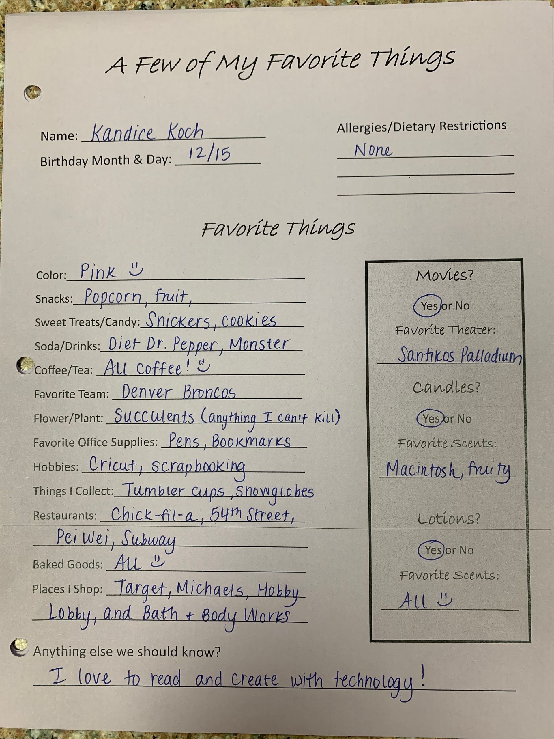 Handwritten worksheet titled “A Few of My Favorite Things” with fill-in-the-blank prompts and answers.
