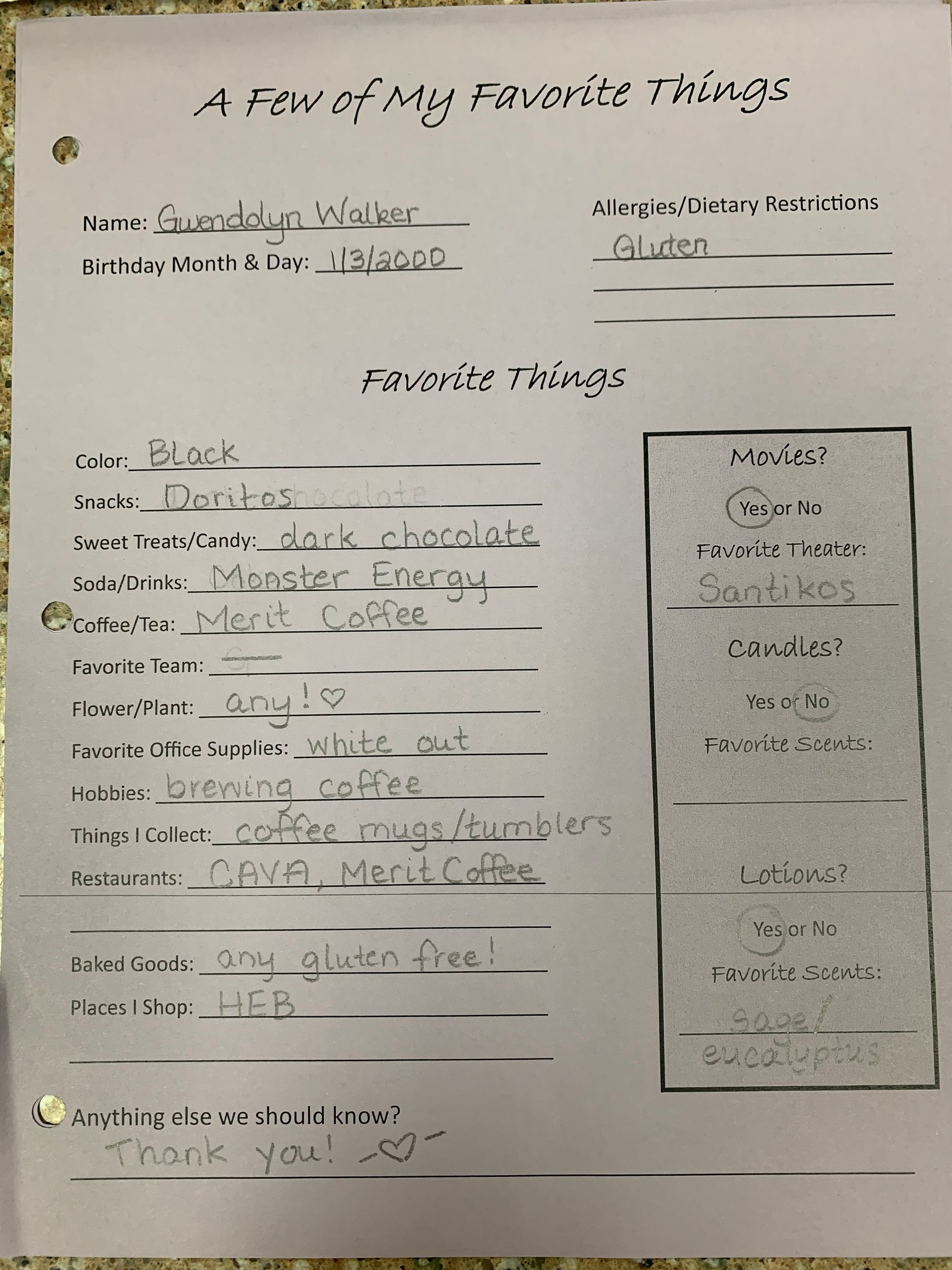 Handwritten worksheet titled “A Fact of My Favorite Things” with columns of notes and a small sketch on the right.