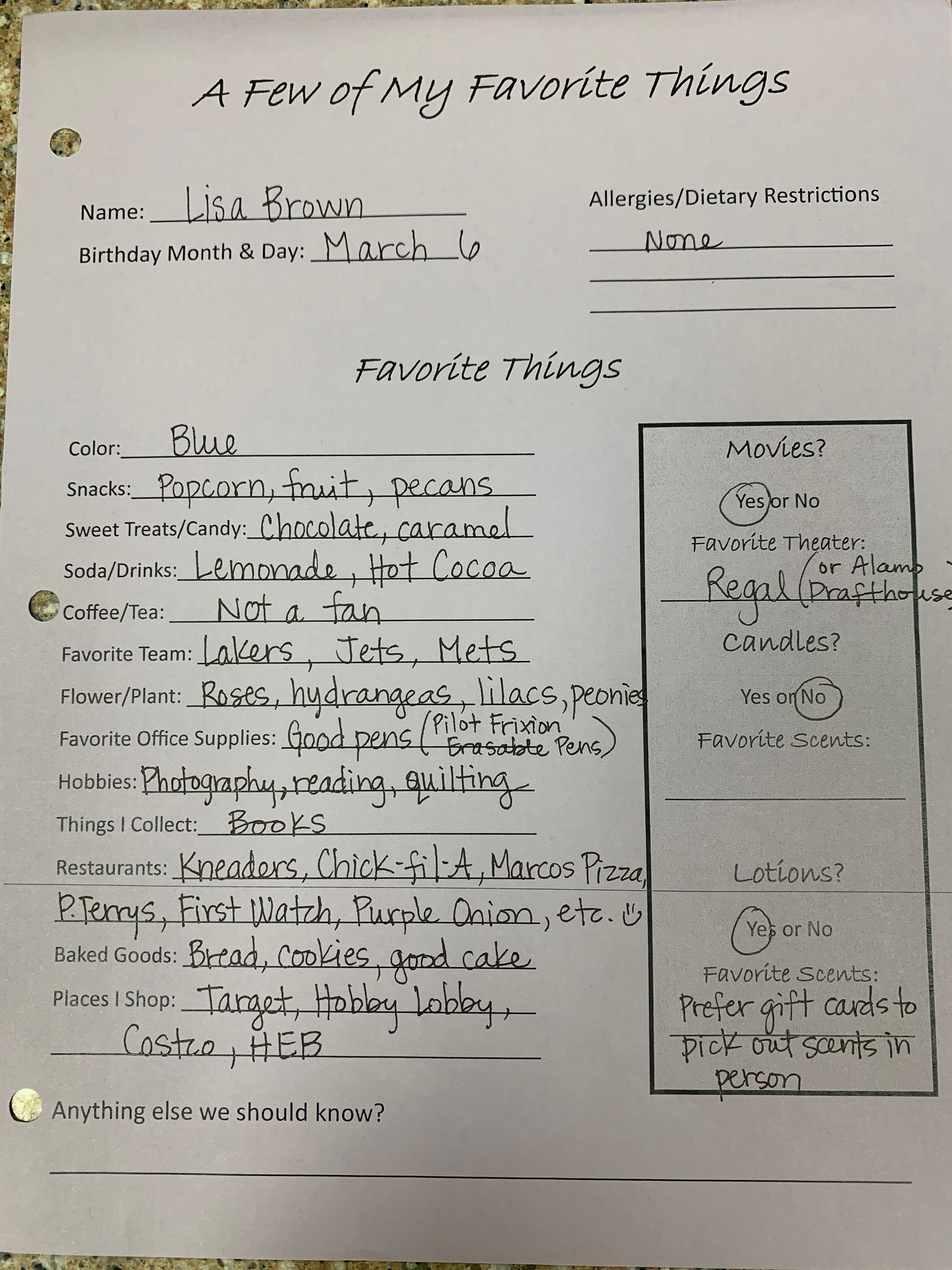 Handwritten worksheet titled “A Few of My Favorite Things” with filled-in answers and a small illustration.