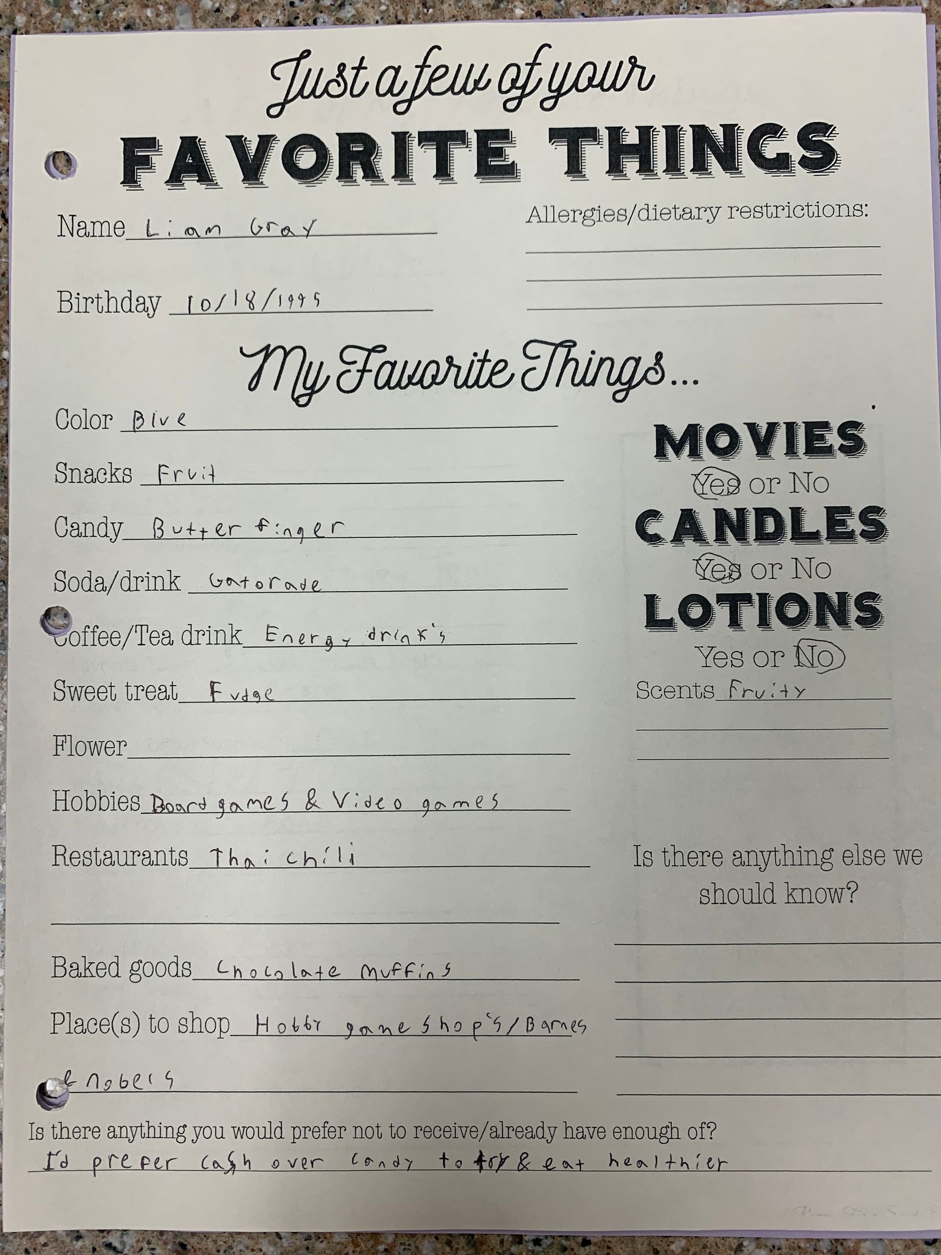 Handwritten “My Favorite Things” worksheet on white paper with prompts and fill-in lines