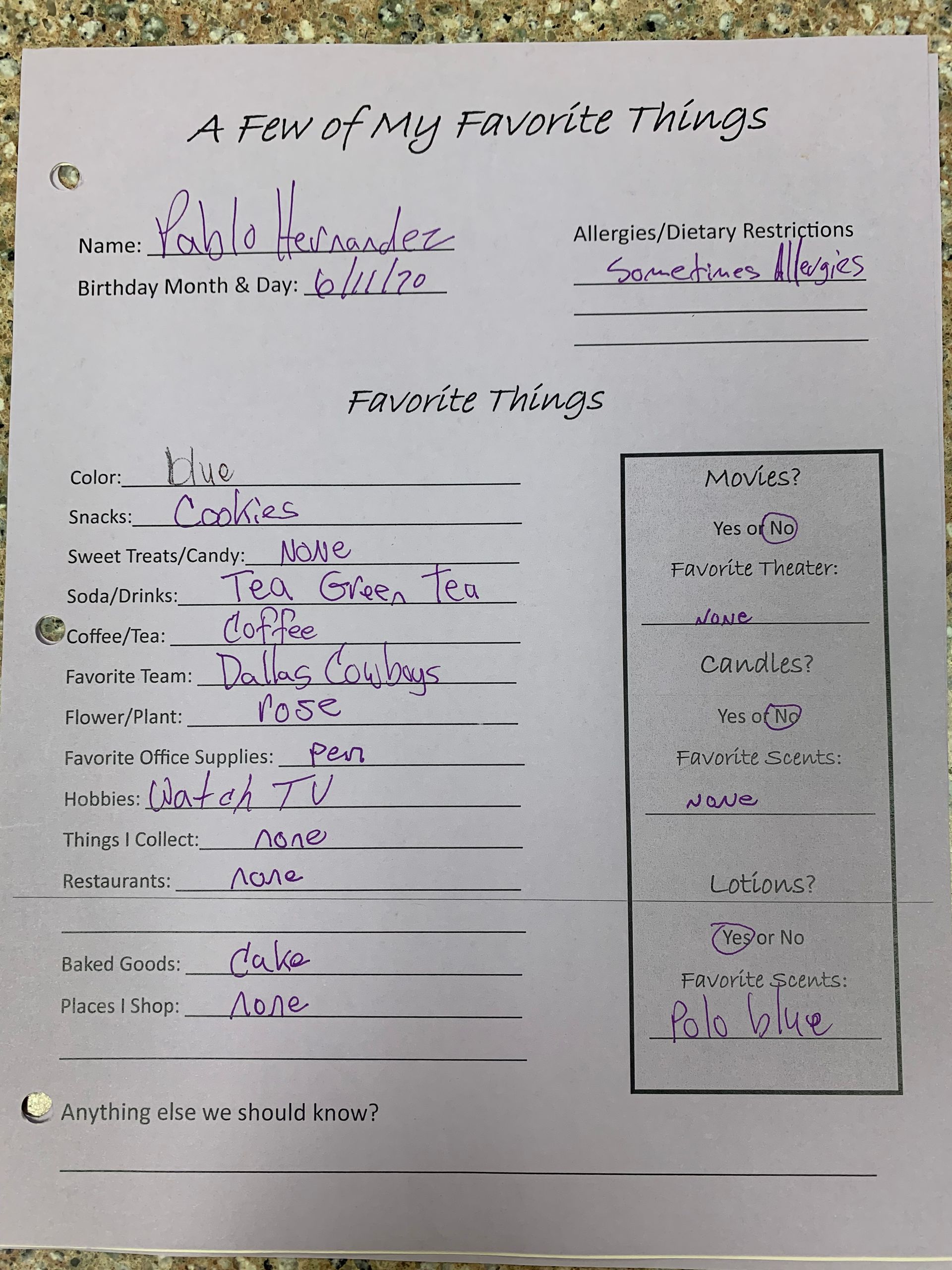 A worksheet page with handwritten answers and a small boxed section on the right.