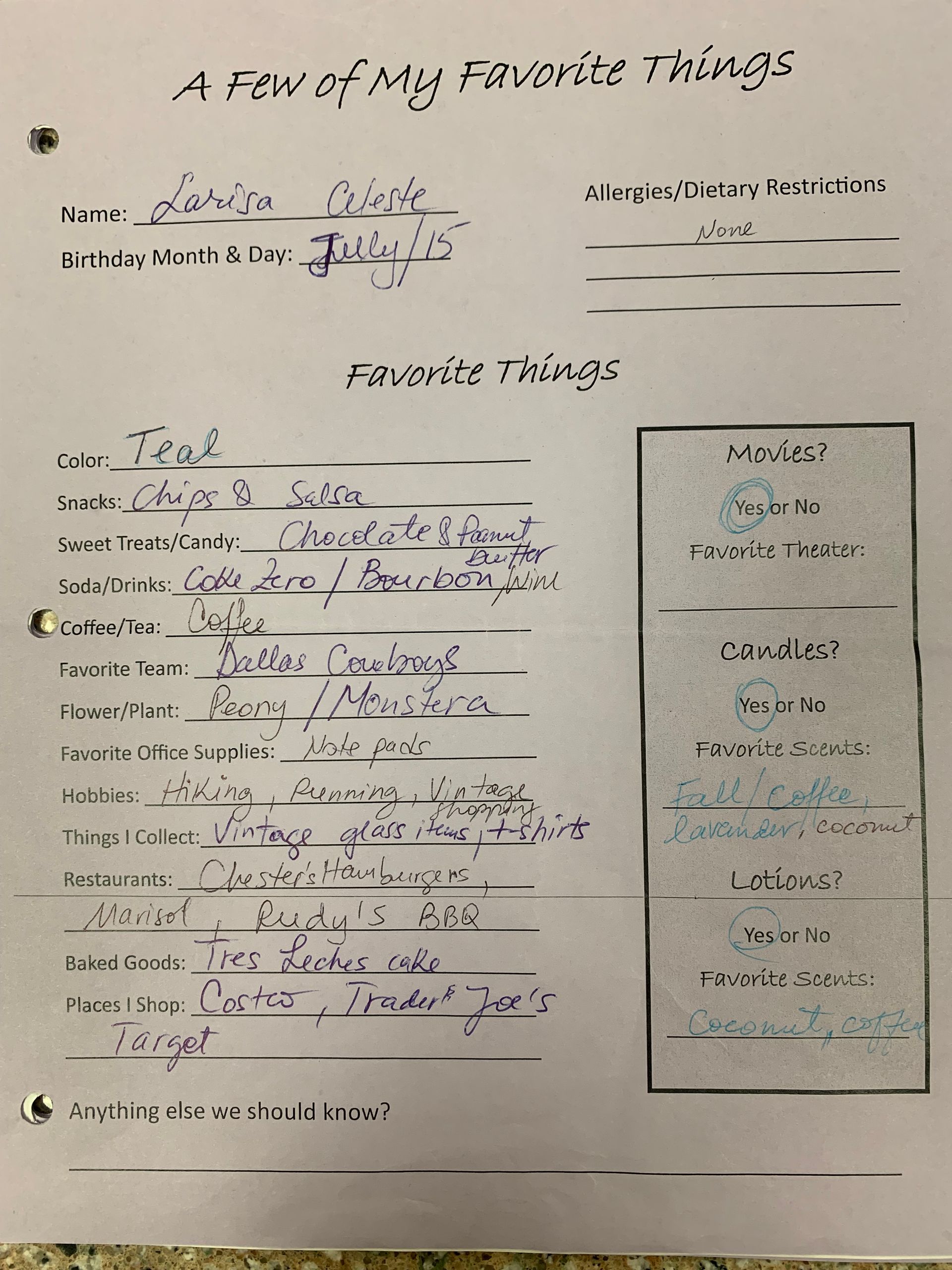 Handwritten worksheet titled “A Few of My Favorite Things” with notes and a boxed outline on the right.