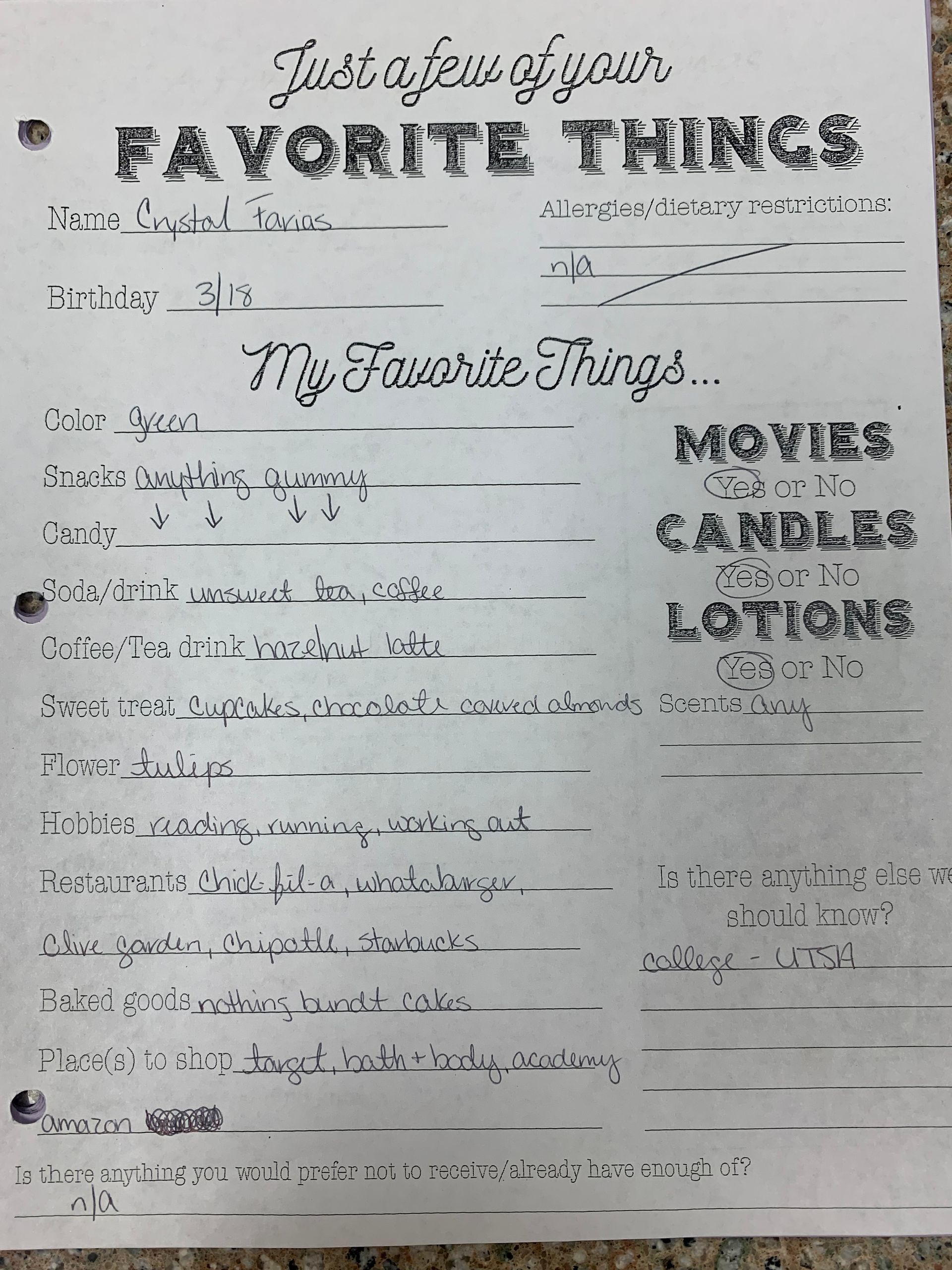 Handwritten “Favorite Things” worksheet with blank lines and a list of categories on a white page