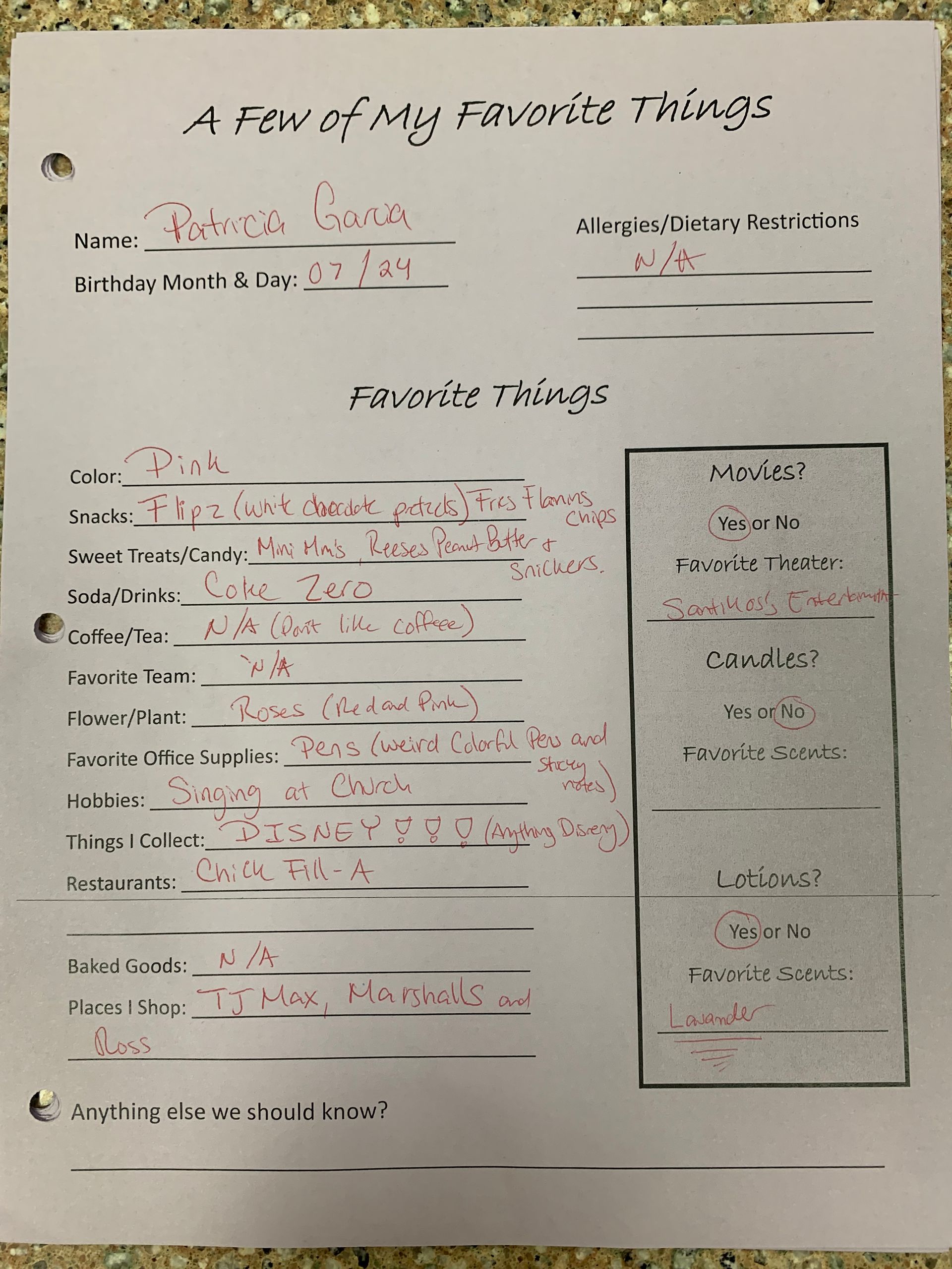 Handwritten worksheet titled “A few of my favorite things” with fill-in lines and a small card organizer layout.