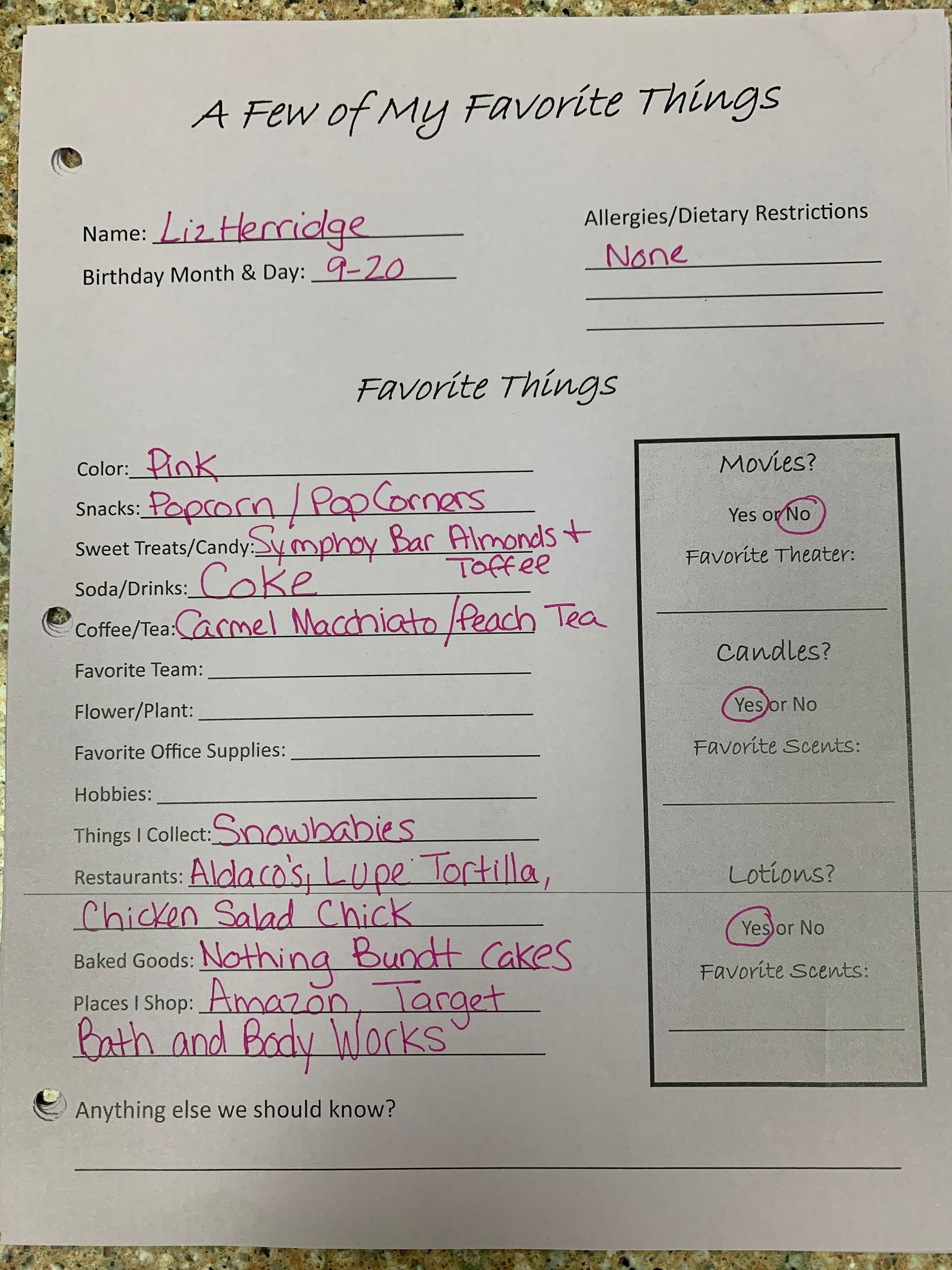 Handwritten worksheet titled “A Few of My Favorite Things” with pink highlights and a small sketch.
