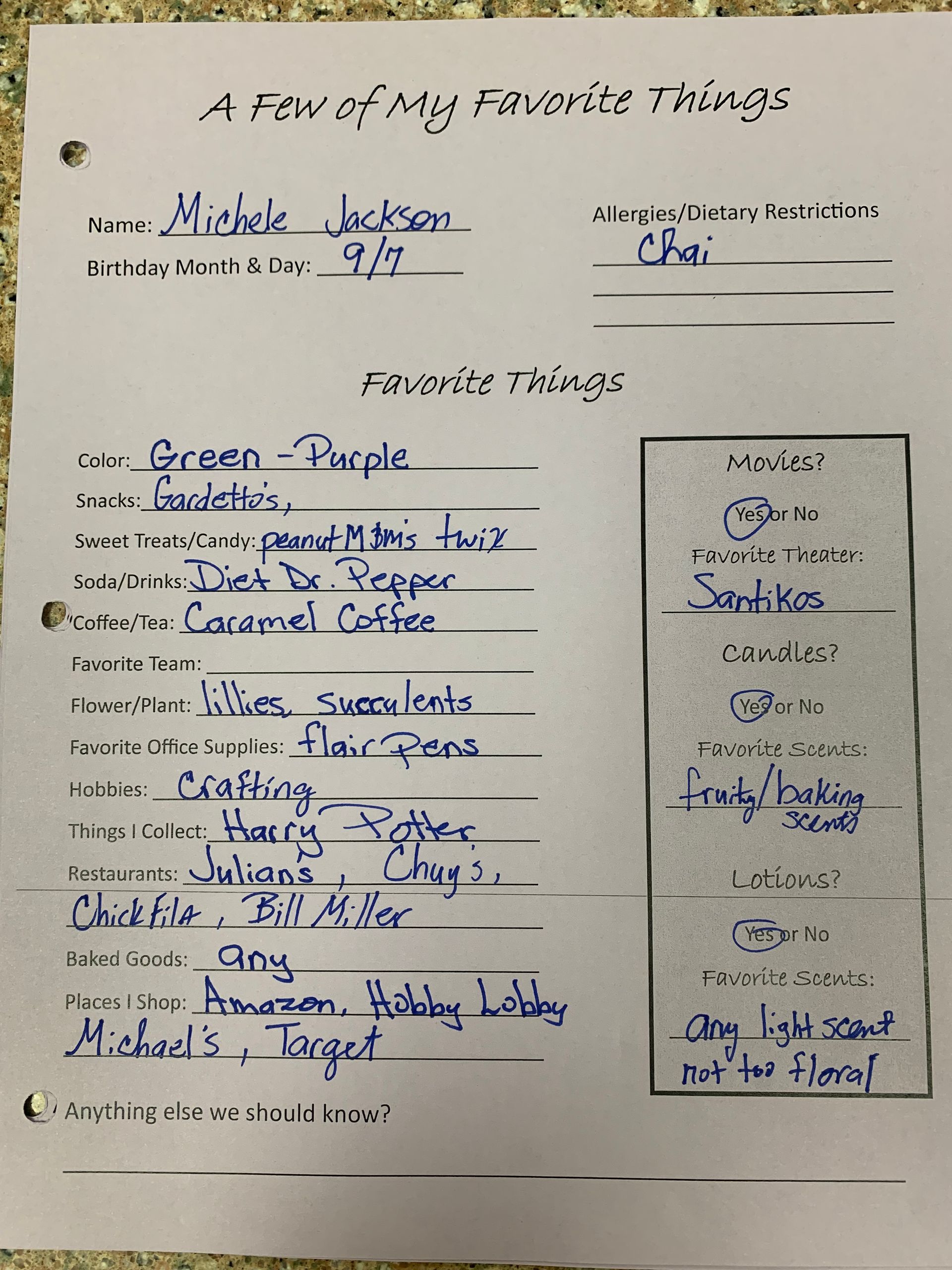 Handwritten worksheet titled “A list of my favorite things” with notes and doodles in blue ink