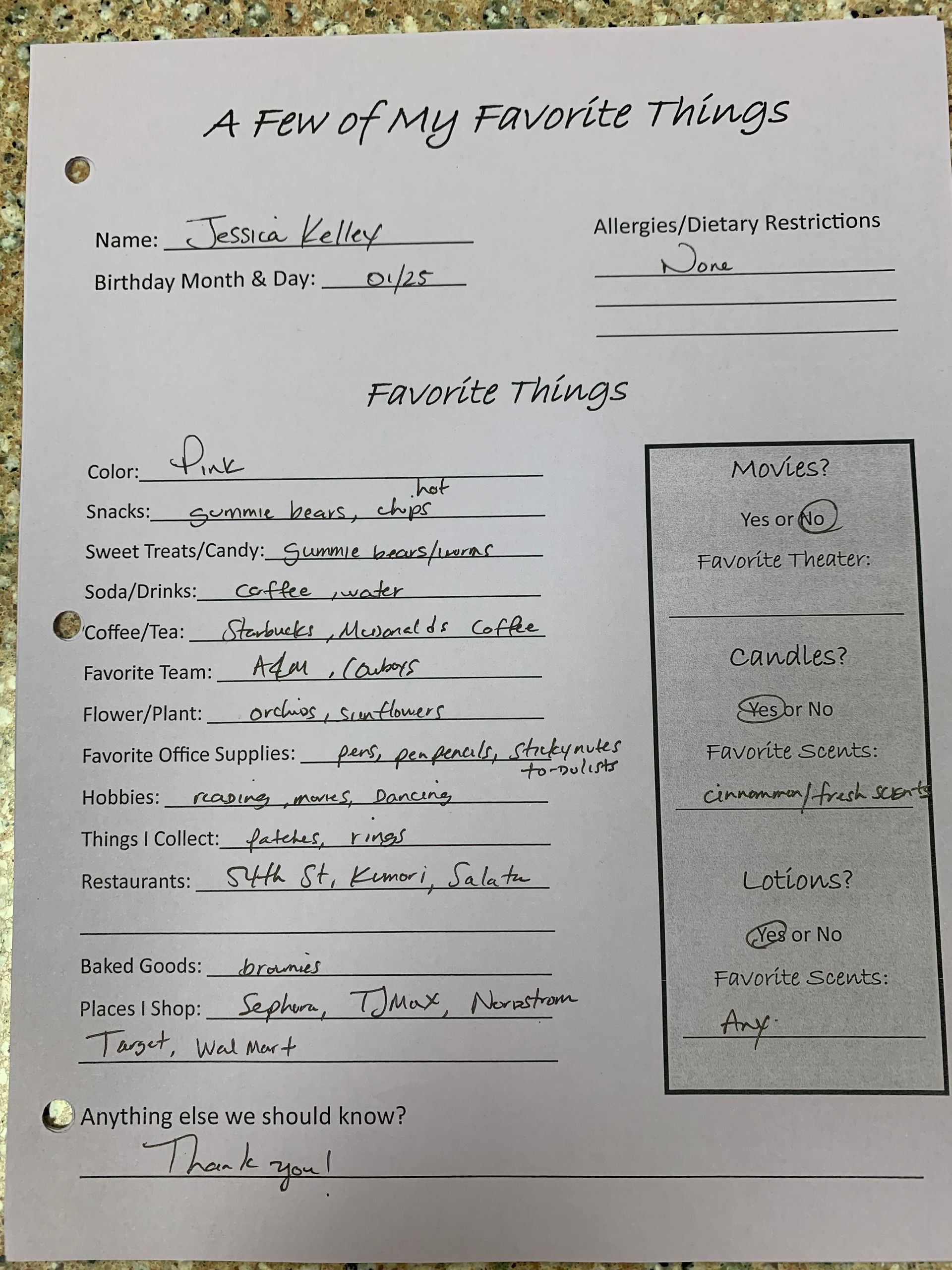 Handwritten worksheet titled “A Day of My Favorite Things” with notes and a small sketch on white paper