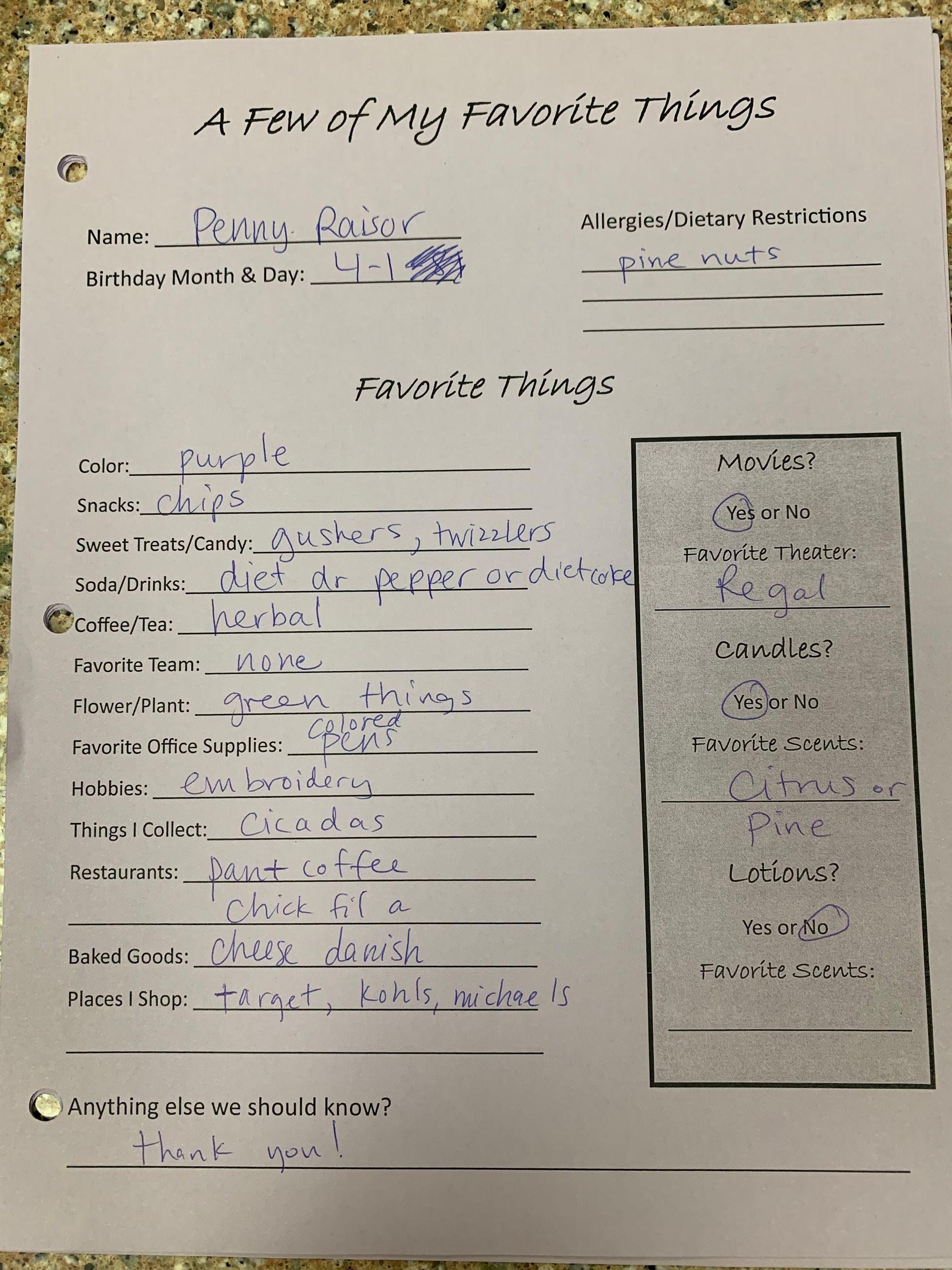Handwritten worksheet titled “A few of my favorite things” with fill-in blanks and a right-side word bank.
