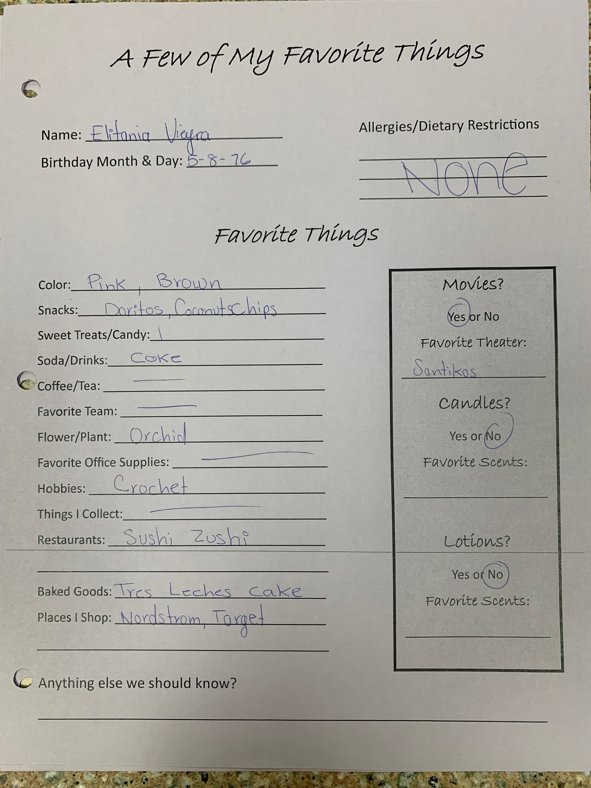 Handwritten worksheet titled “A Few of My Favorite Things” with blanks filled in and a box at right.