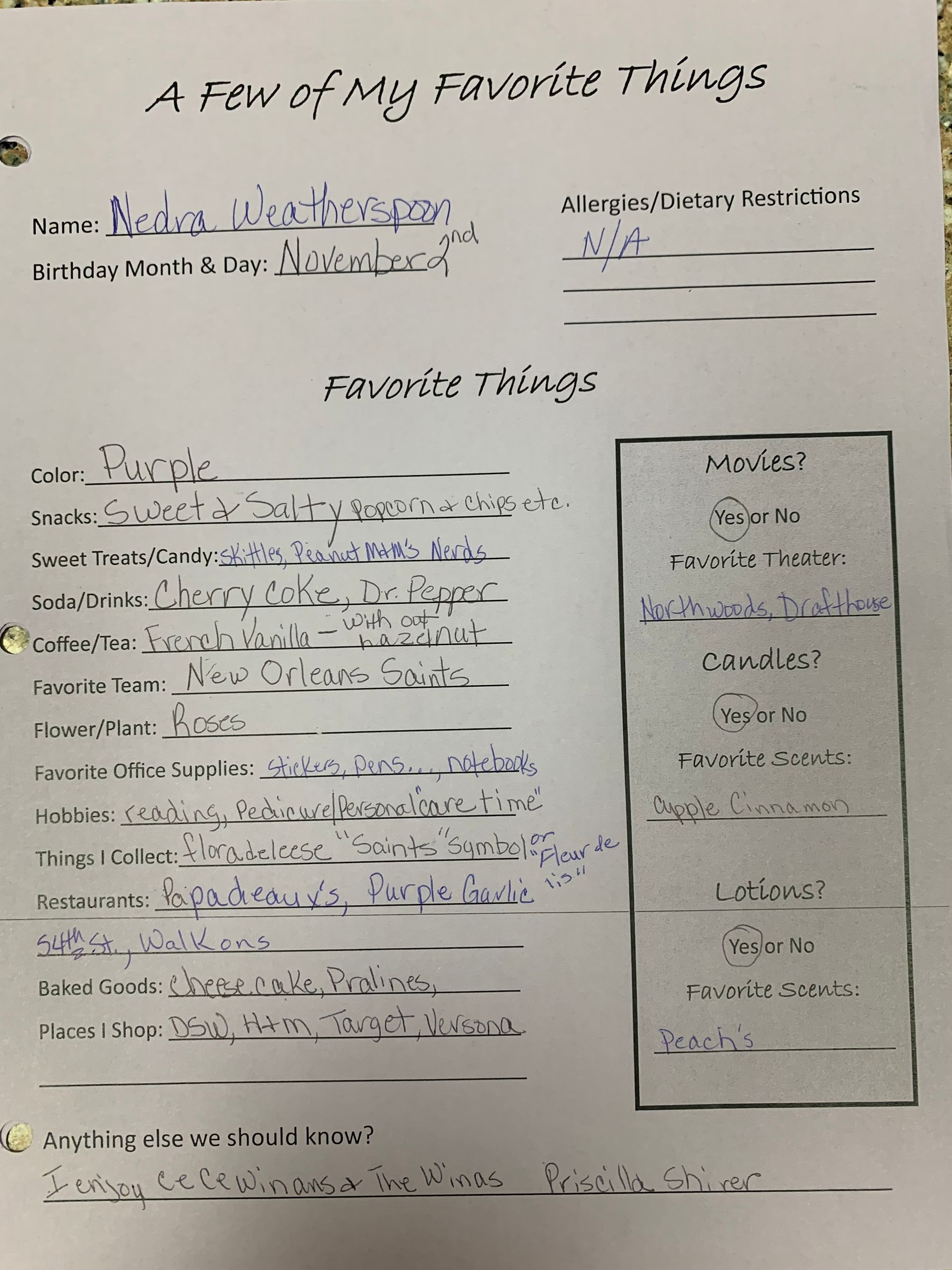 Handwritten worksheet titled “A list of my favorite things” with lined responses and a boxed section on the right.