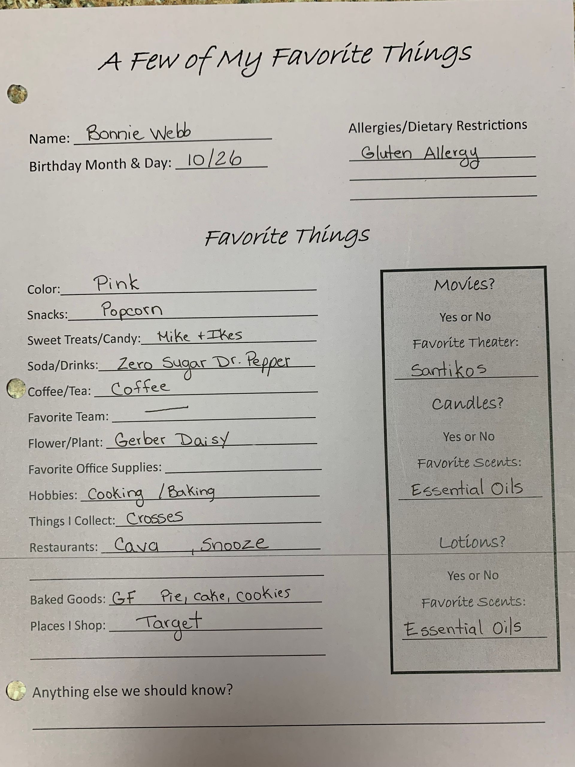Handwritten worksheet titled “A Few of My Favorite Things” with fill-in lines and a small list on the right.