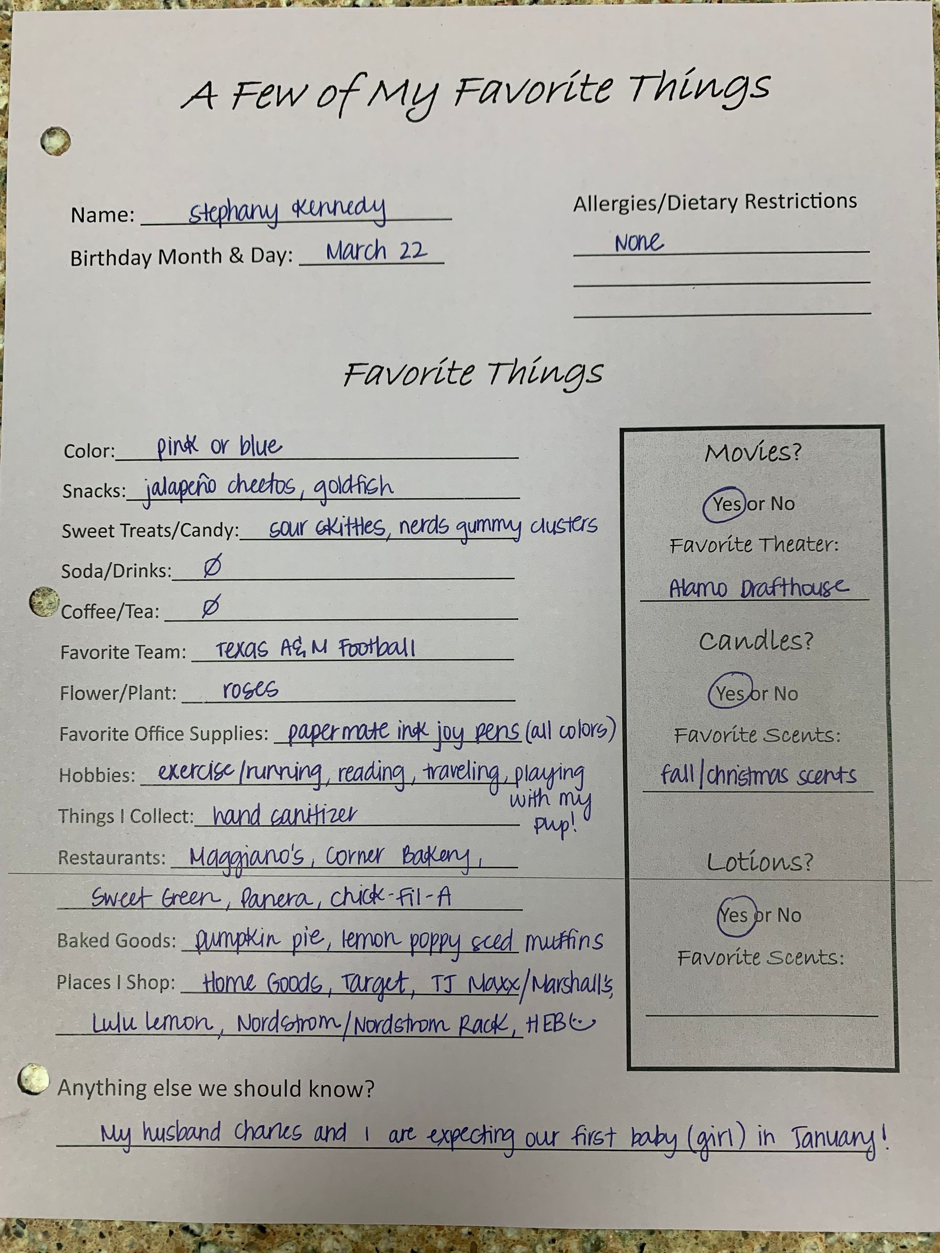 Handwritten worksheet titled “My Favorite Things” with filled-in lines and a small stacked box on the right.