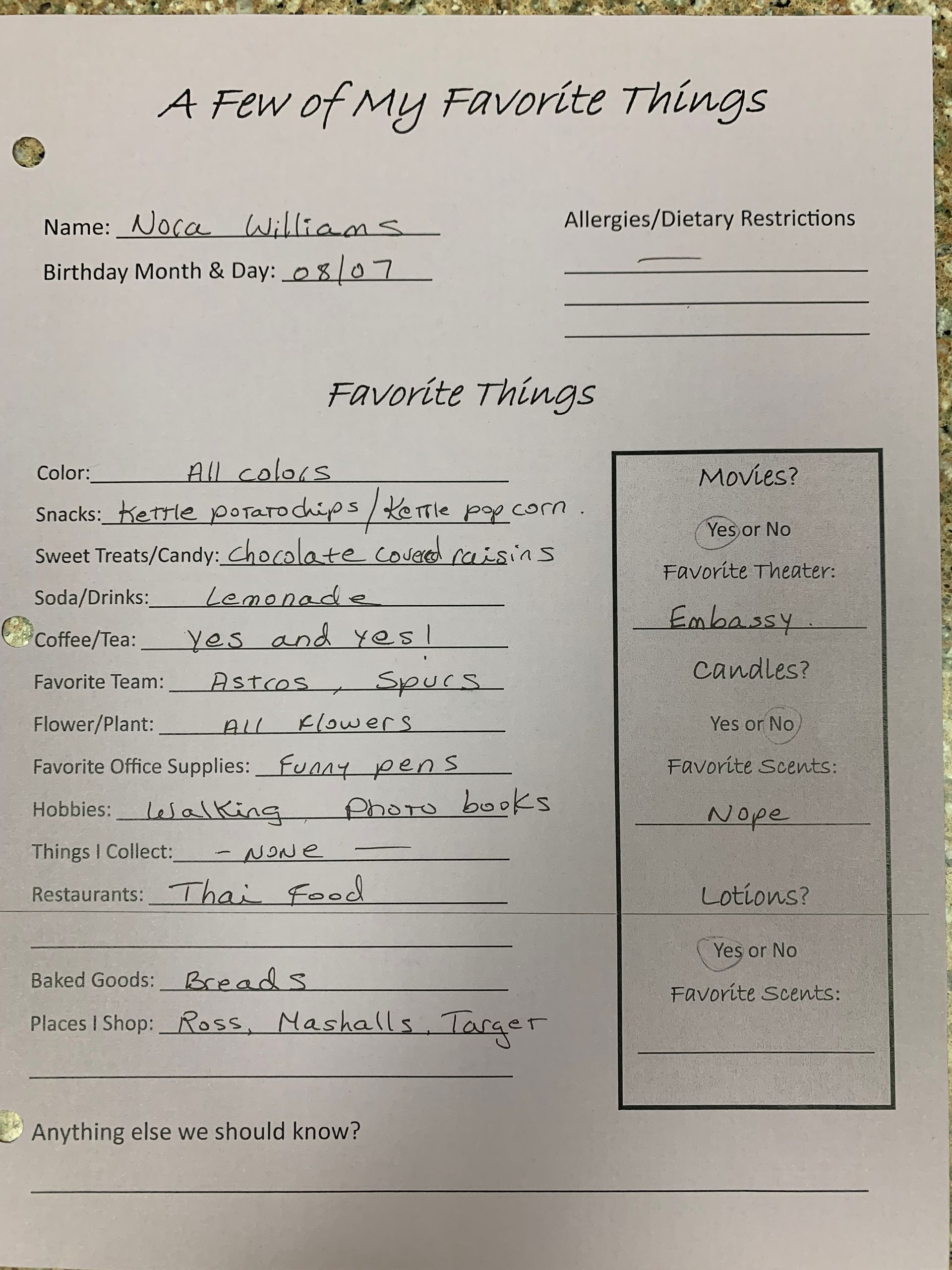 Handwritten worksheet titled “A Few of My Favorite Things” with fill-in blanks and a decorated side panel.