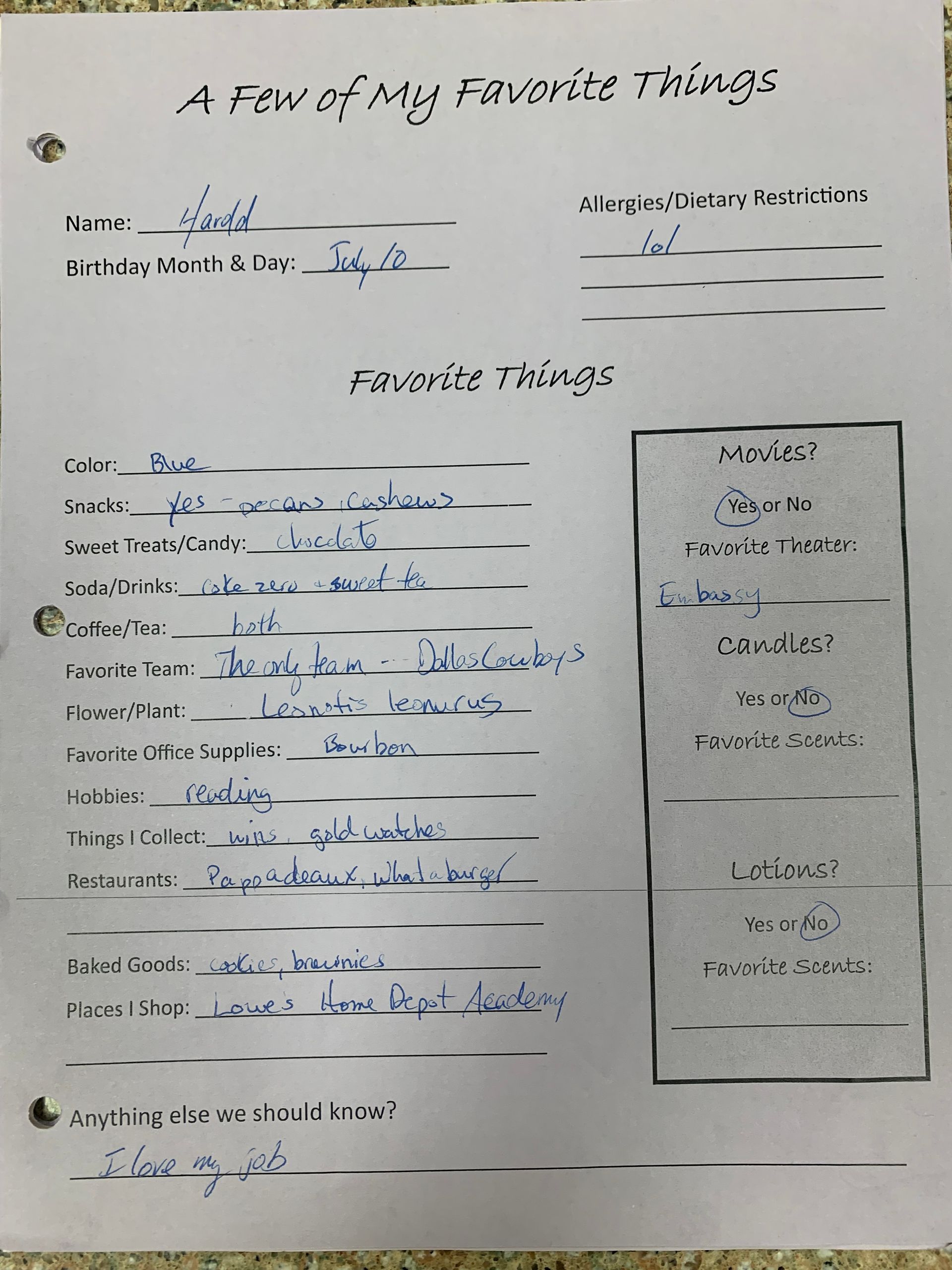Handwritten worksheet titled “A Few of My Favorite Things” with prompts and filled-in answers.