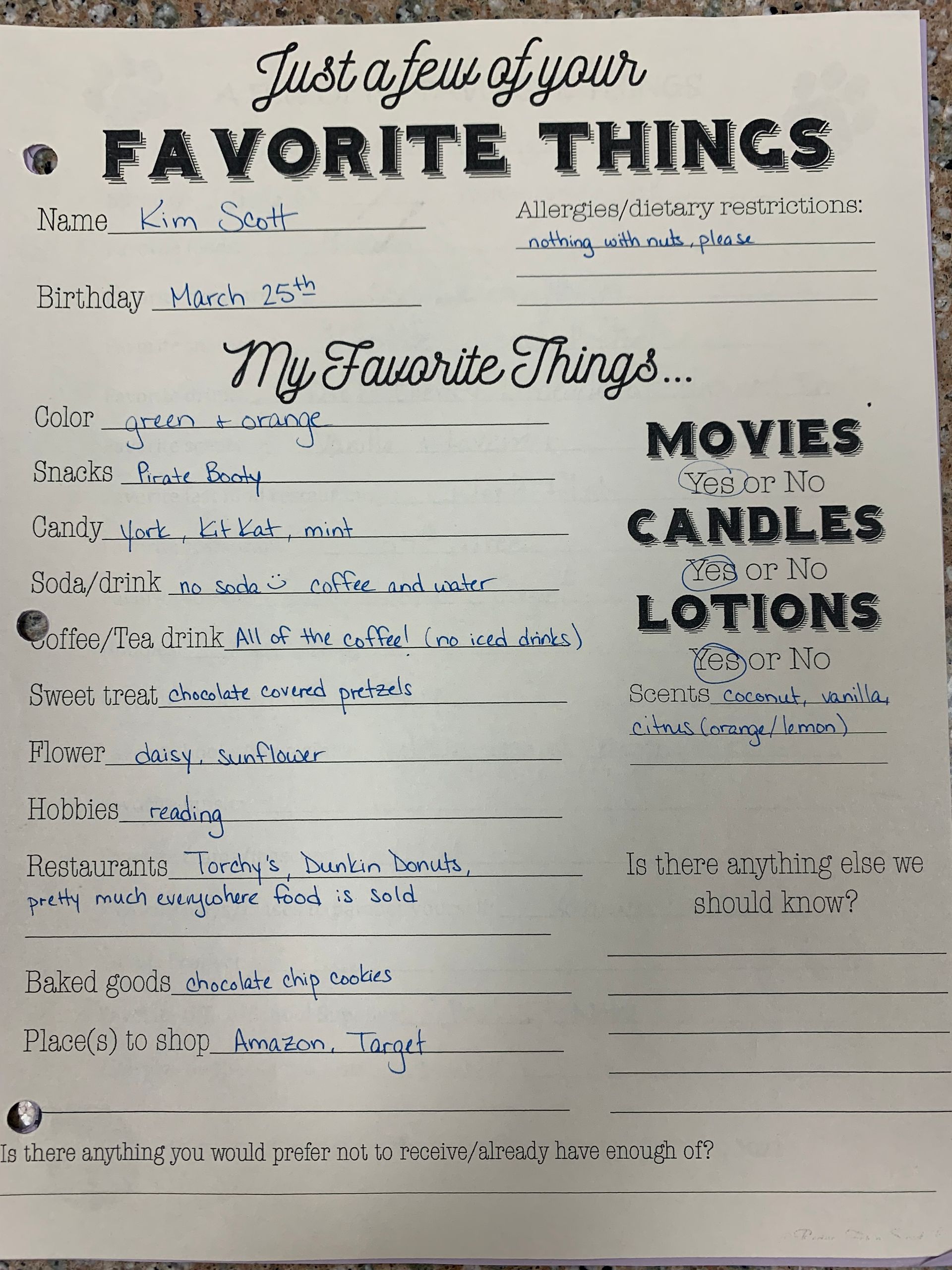 Handwritten “My Favorite Things” worksheet with lists and prompts, featuring movies, candles, and lotions.