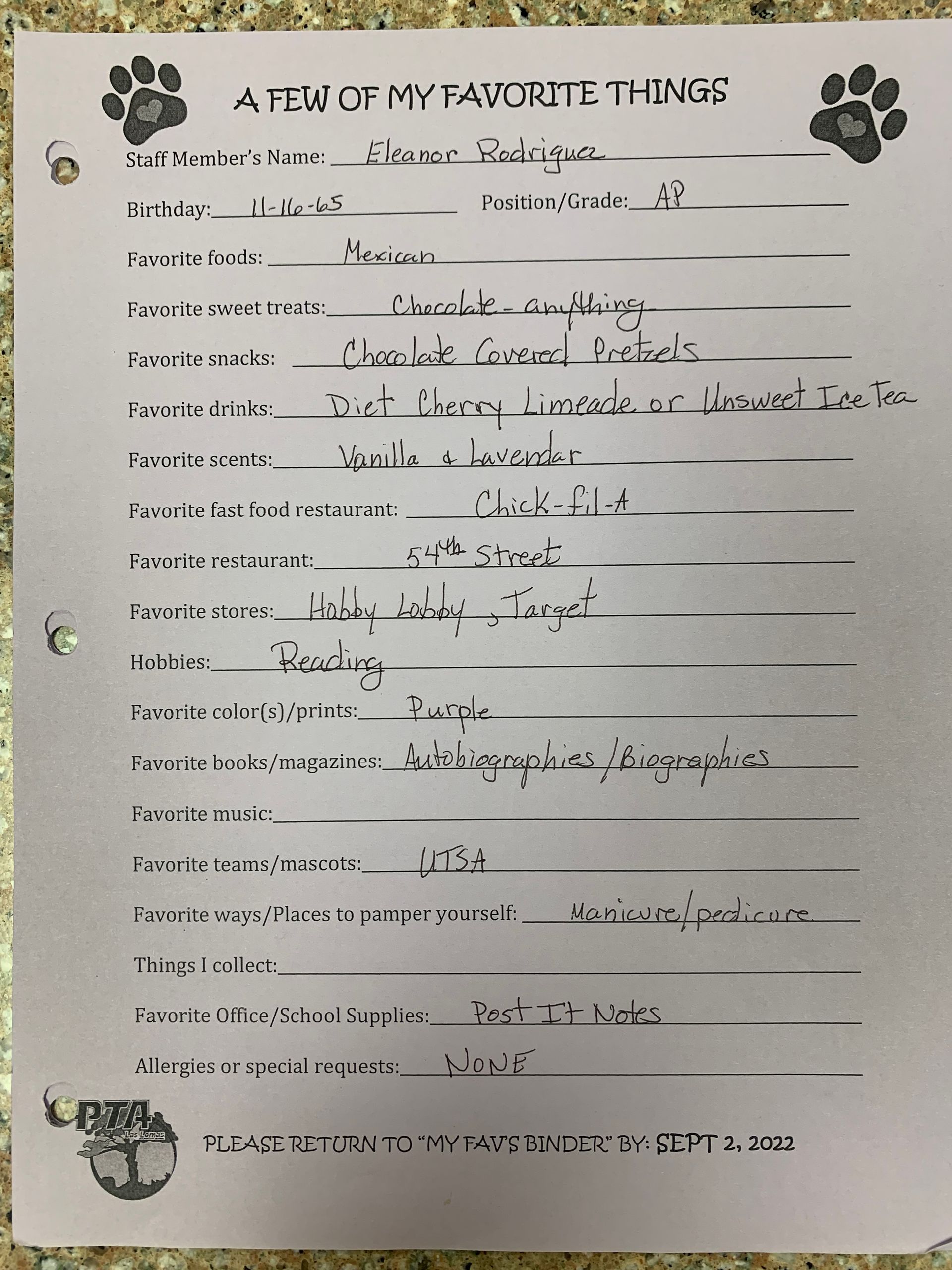 Handwritten worksheet titled “A few of my favorite things” with flowers in the corners.