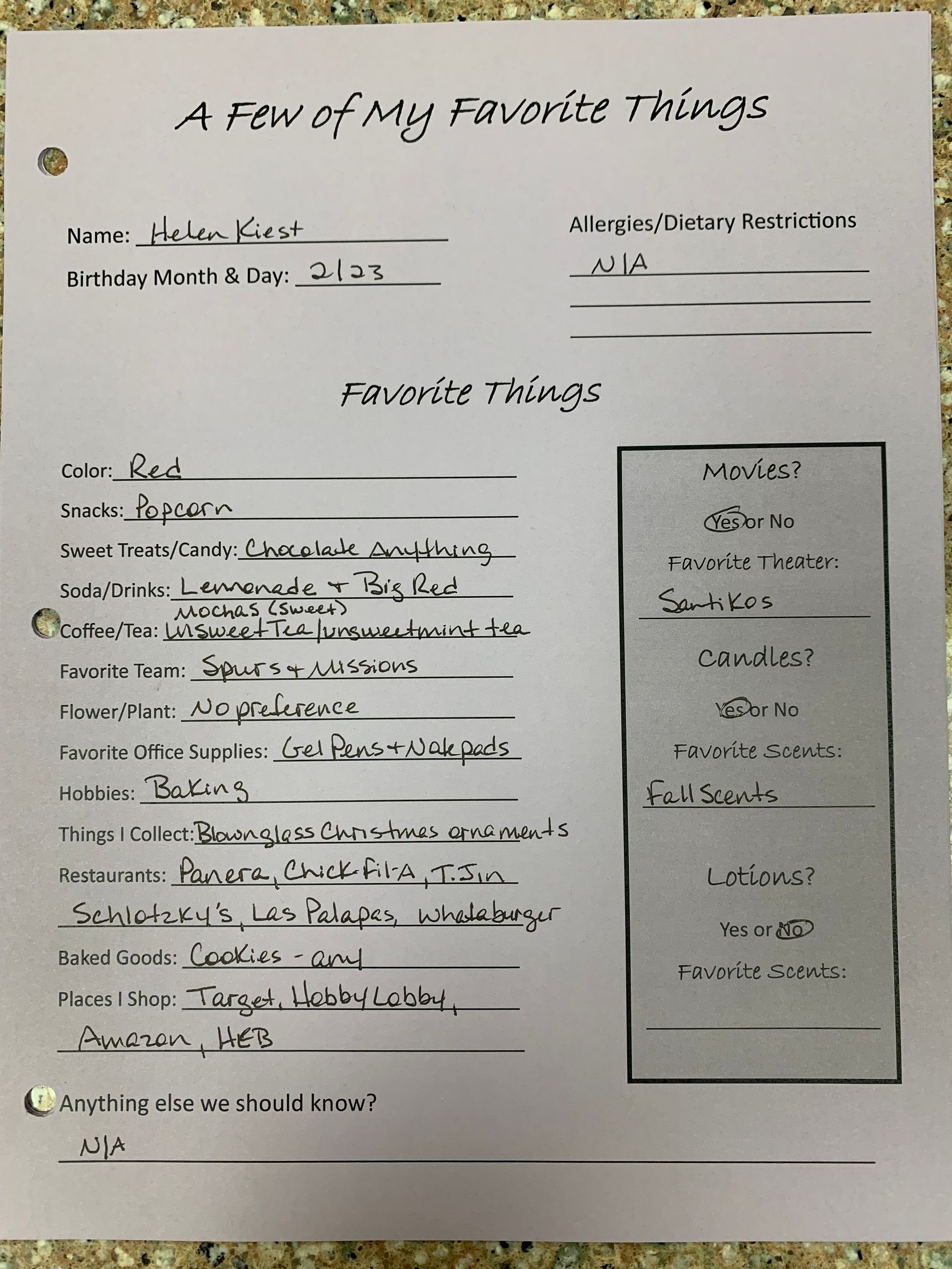 Worksheet titled “A Few of My Favorite Things” with handwritten answers and a small boxed section on the right.