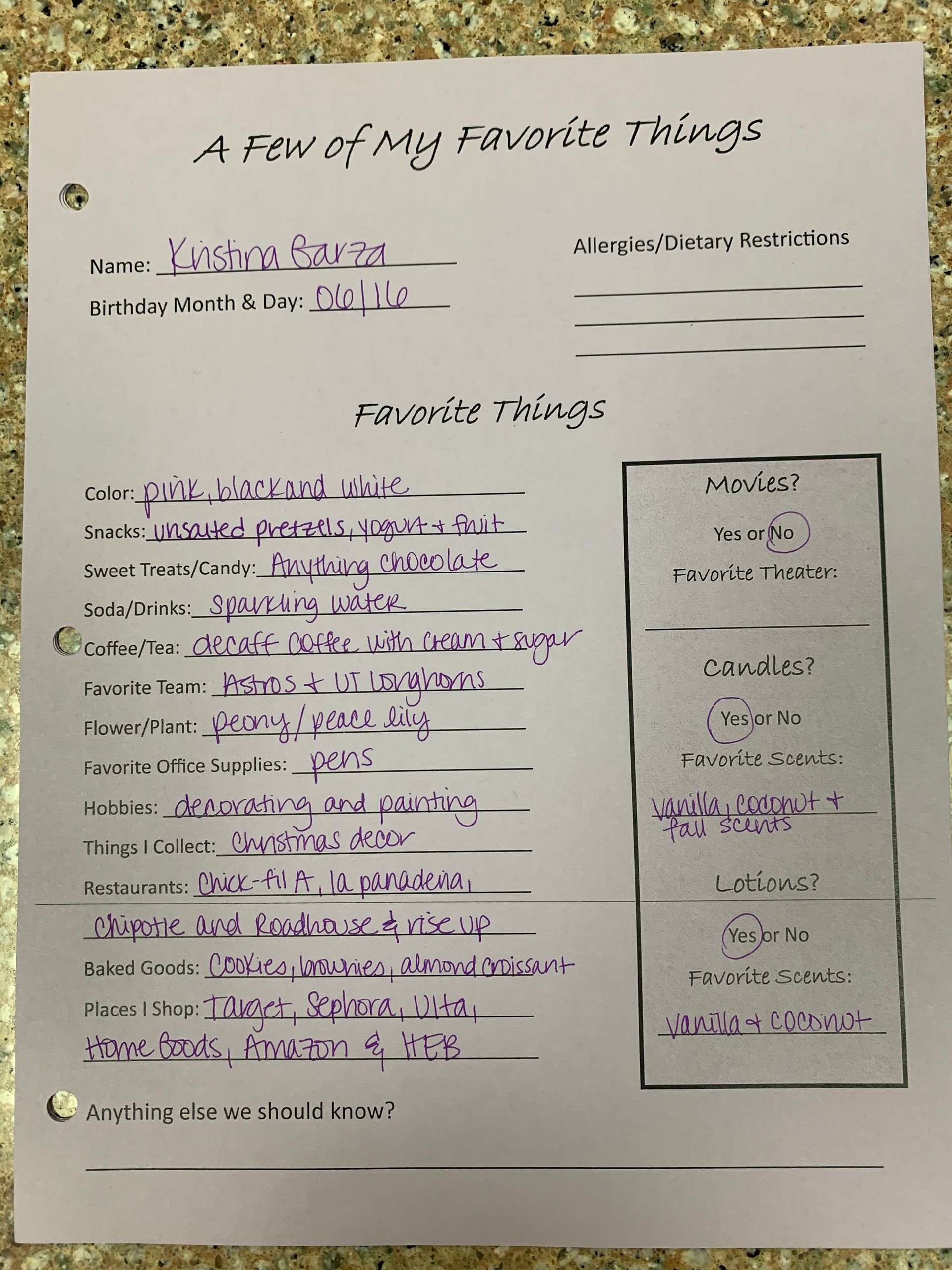 Handwritten classroom worksheet titled “A Few of My Favorite Things” on white paper.