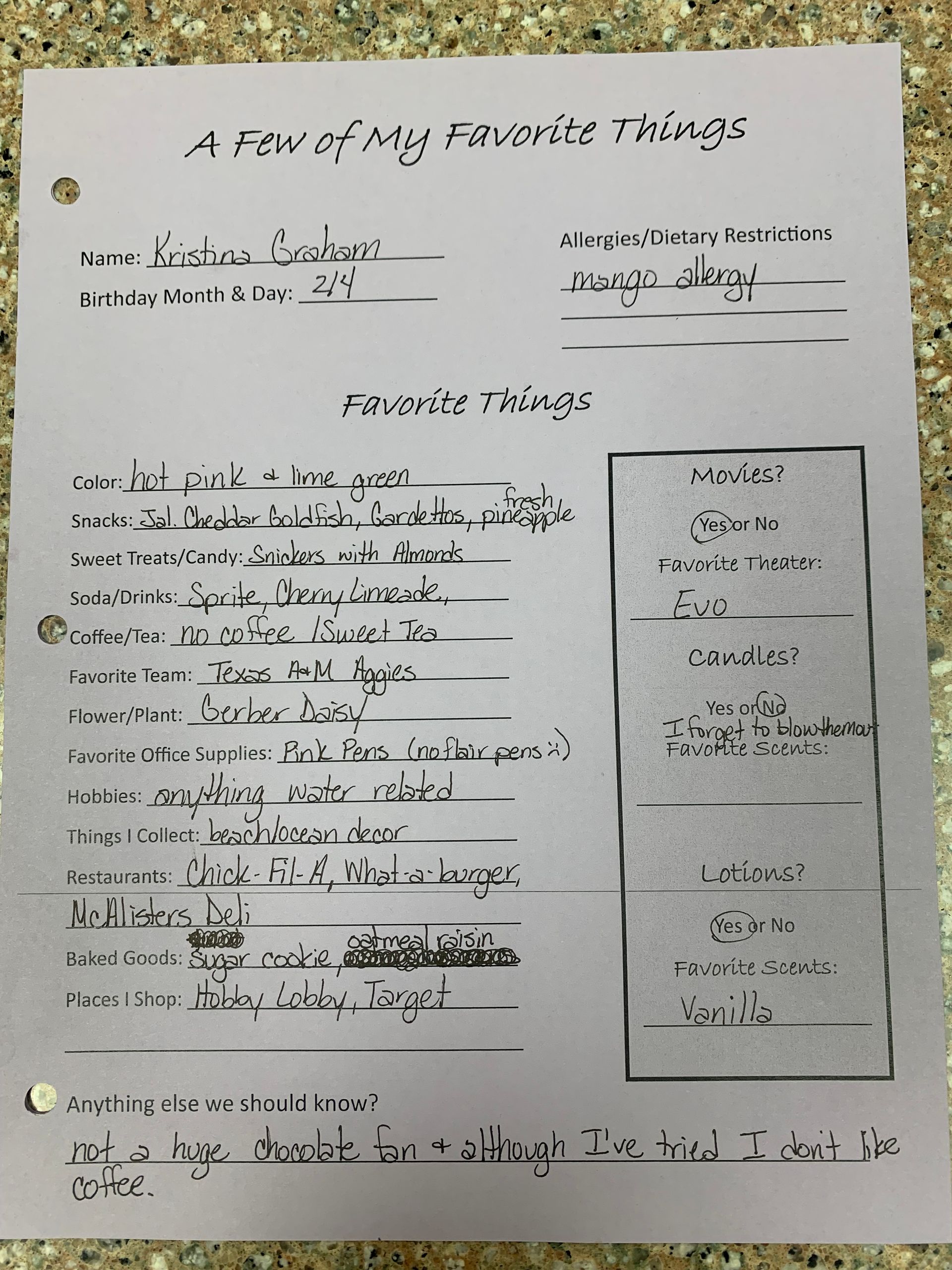 Handwritten worksheet titled “A Few of My Favorite Things” with a boxed list on the right.
