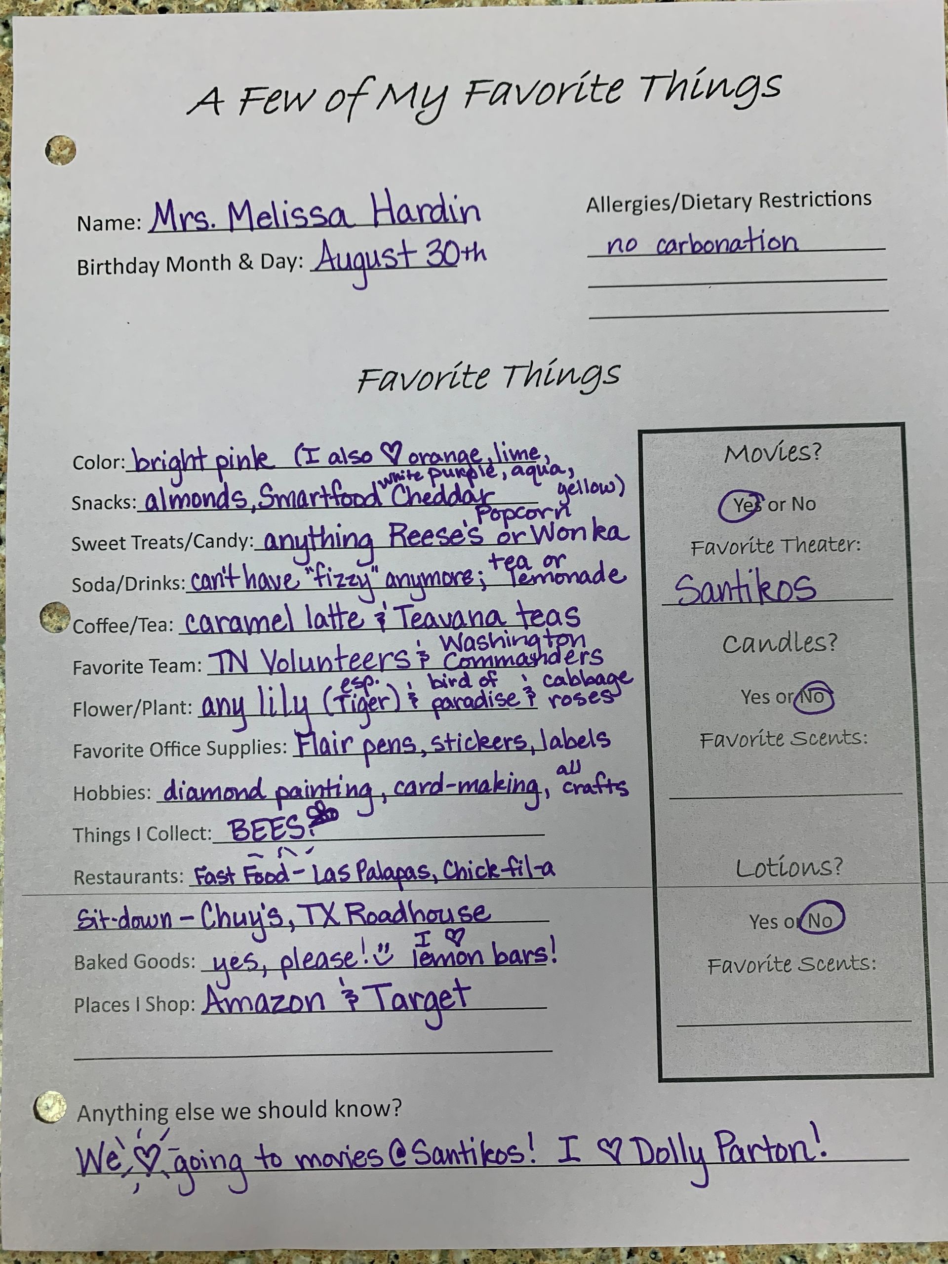 Handwritten “A Few of My Favorite Things” poster with bullet points and a small lined sketch on white paper.