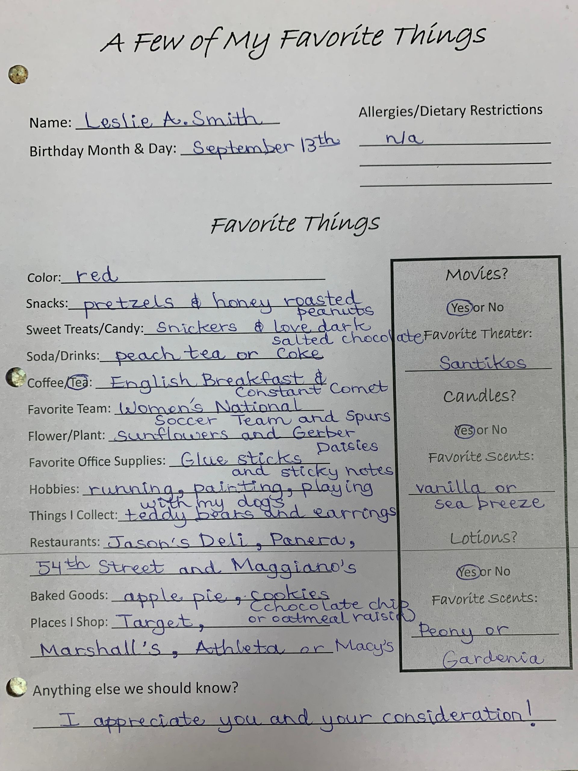 Handwritten classroom handout titled “A Few of My Favorite Things” with blue notes and a boxed list on the right