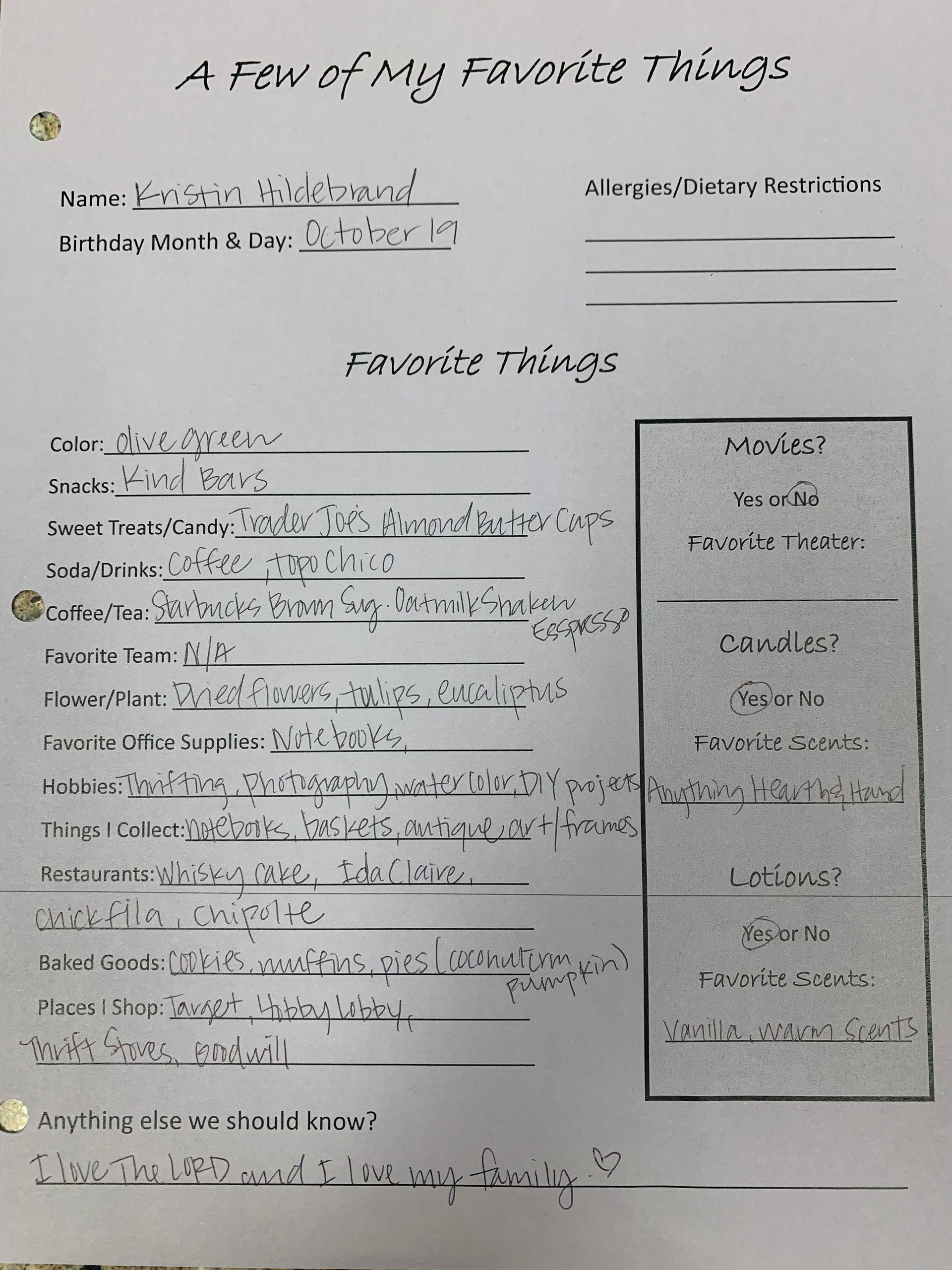Handwritten worksheet titled “A Few of My Favorite Things” with fill-in prompts and a poem box.