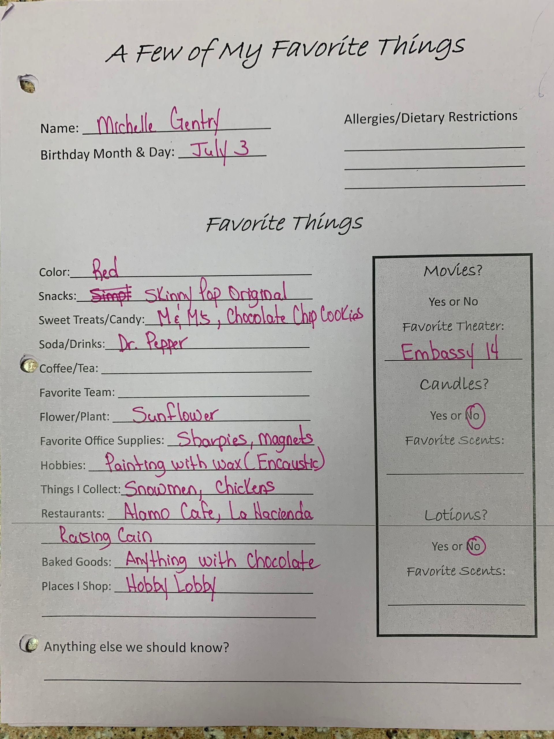 Blurred handwritten worksheet titled “A Few of My Favorite Things” with pink and black notes.