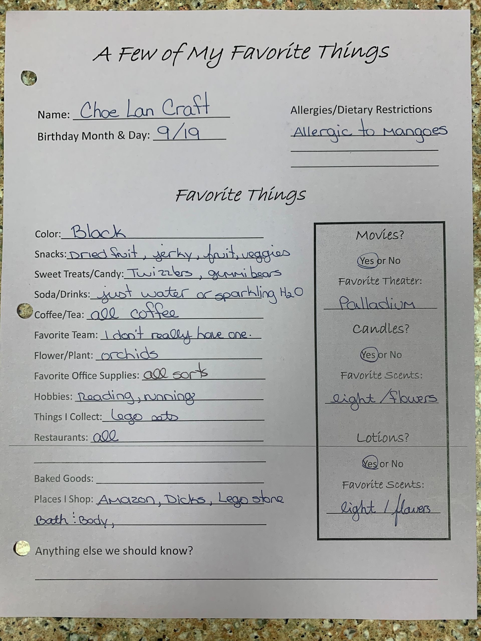 Handwritten worksheet titled “A list of favourite things” on white paper with notes and drawings.