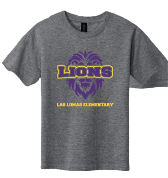 Gray T-shirt with purple and yellow “LIONS” and “LAB LOMAS ELEMENTARY” text