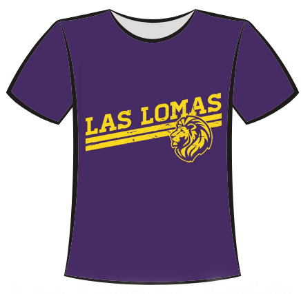 Purple “LAS LOMAS” T-shirt with yellow text and lion logo on the front