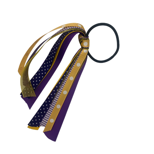 Purple and gold ribbon hair tie with black elastic band and polka-dot accents